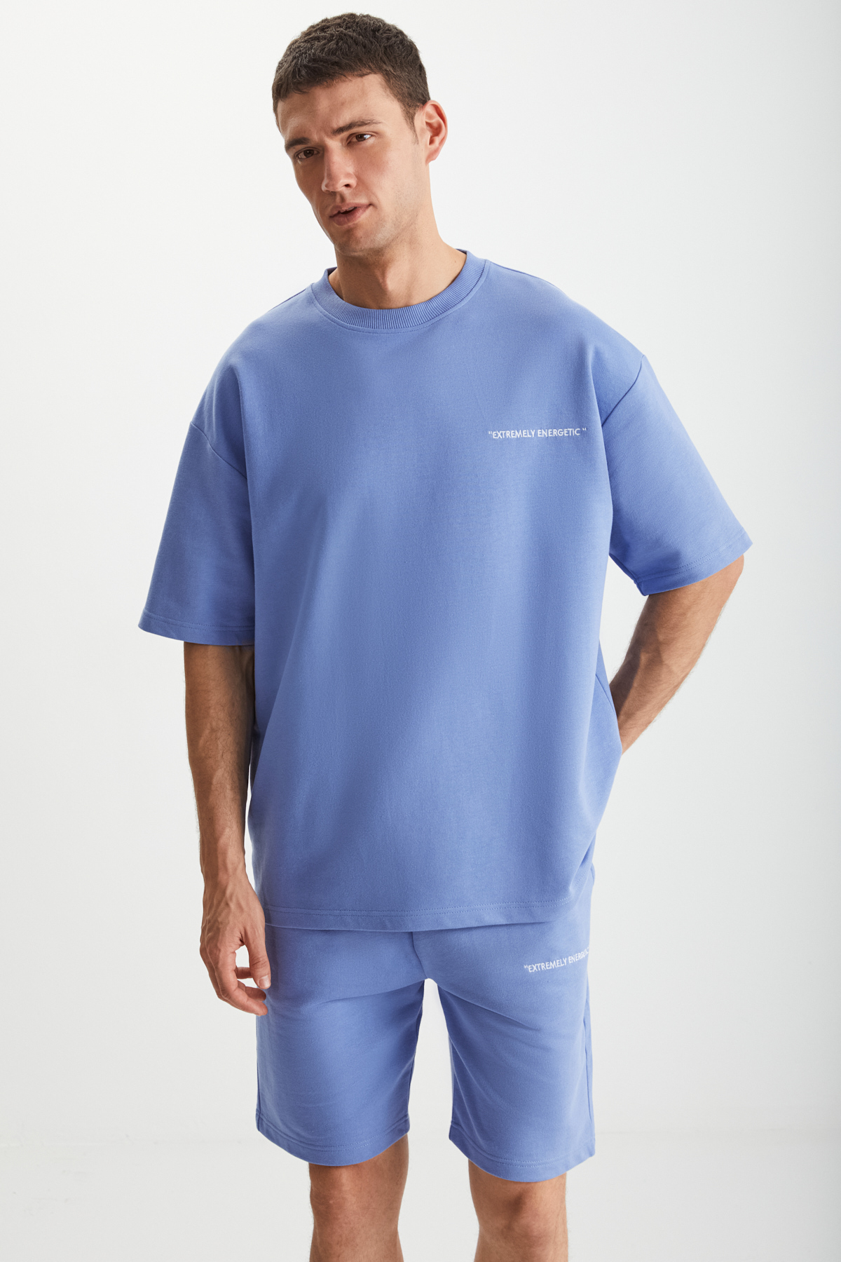 GRIMELANGE Erkek 2'Li Set Comfort Fit Rahat Kalıp Yazı Nakışlı Şardonsuz MAVİ Eşofman Takımı görsel 2