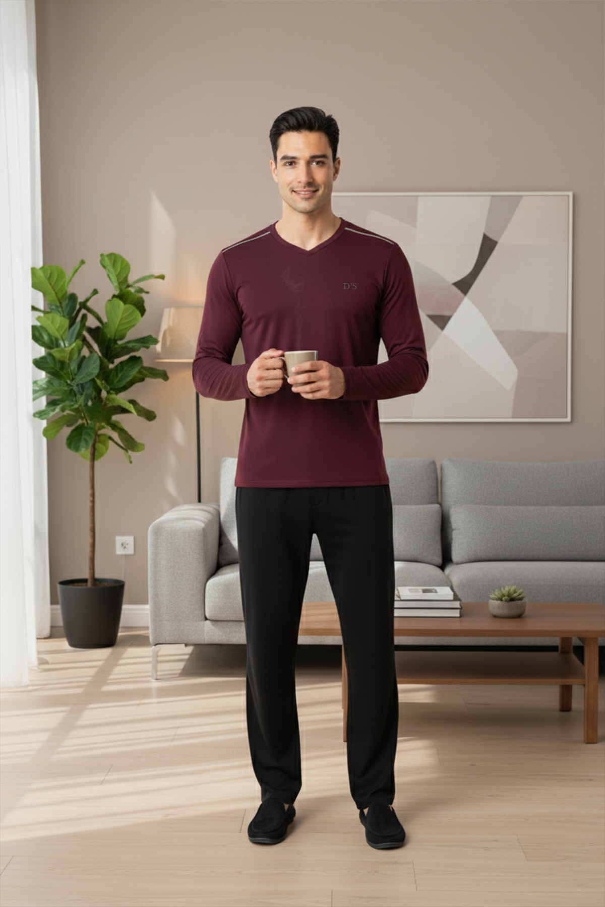 D'S damat Maschio Pamuk V Yaka Pijama Takımı BORDO görsel 6