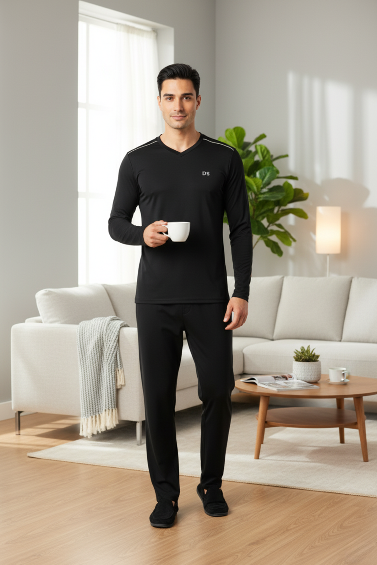 D'S damat Maschio Pamuk V Yaka Pijama Takımı SİYAH görsel 6