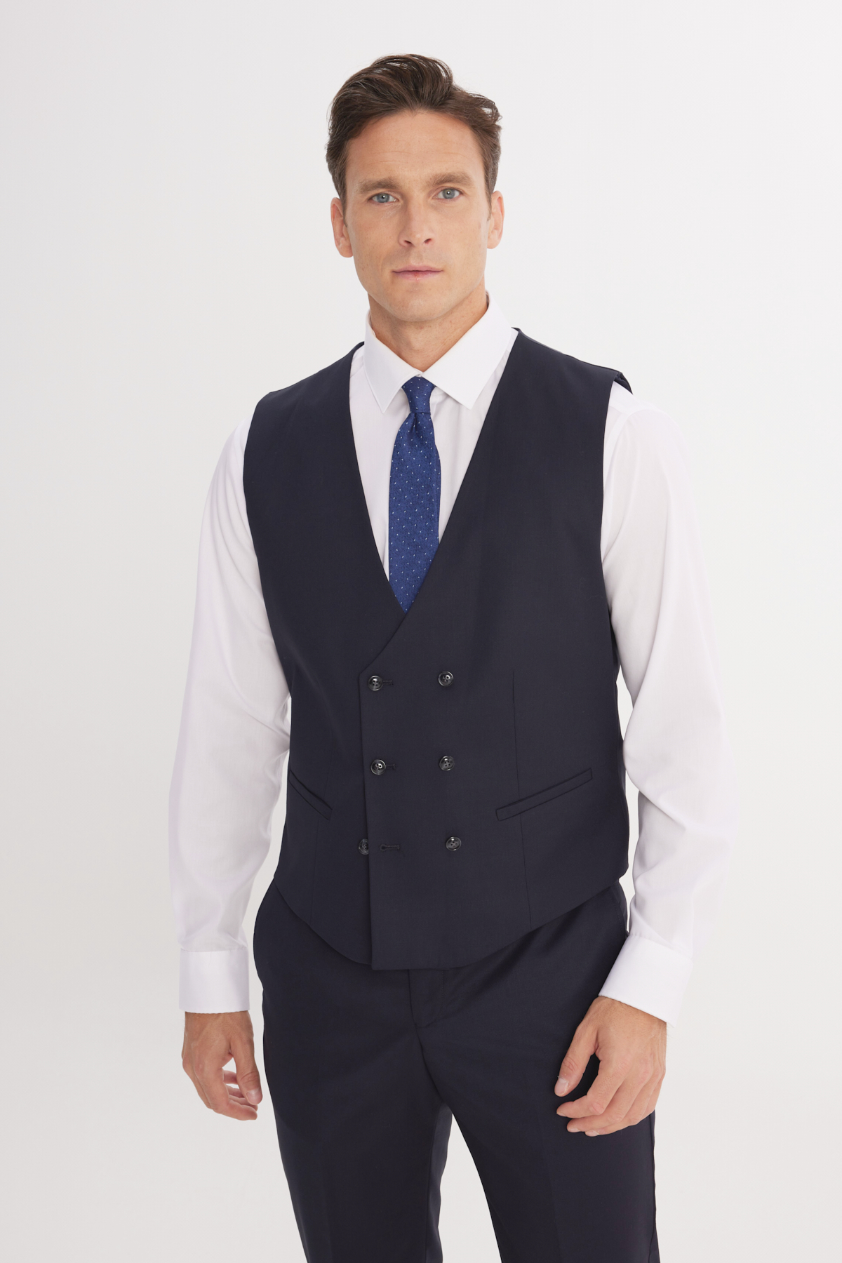 Altınyıldız Classics Erkek Koyu Lacivert-Beyaz Slim Fit Mono Yaka Kareli Kapak Cepli Yelekli Takım Elbise görsel 5