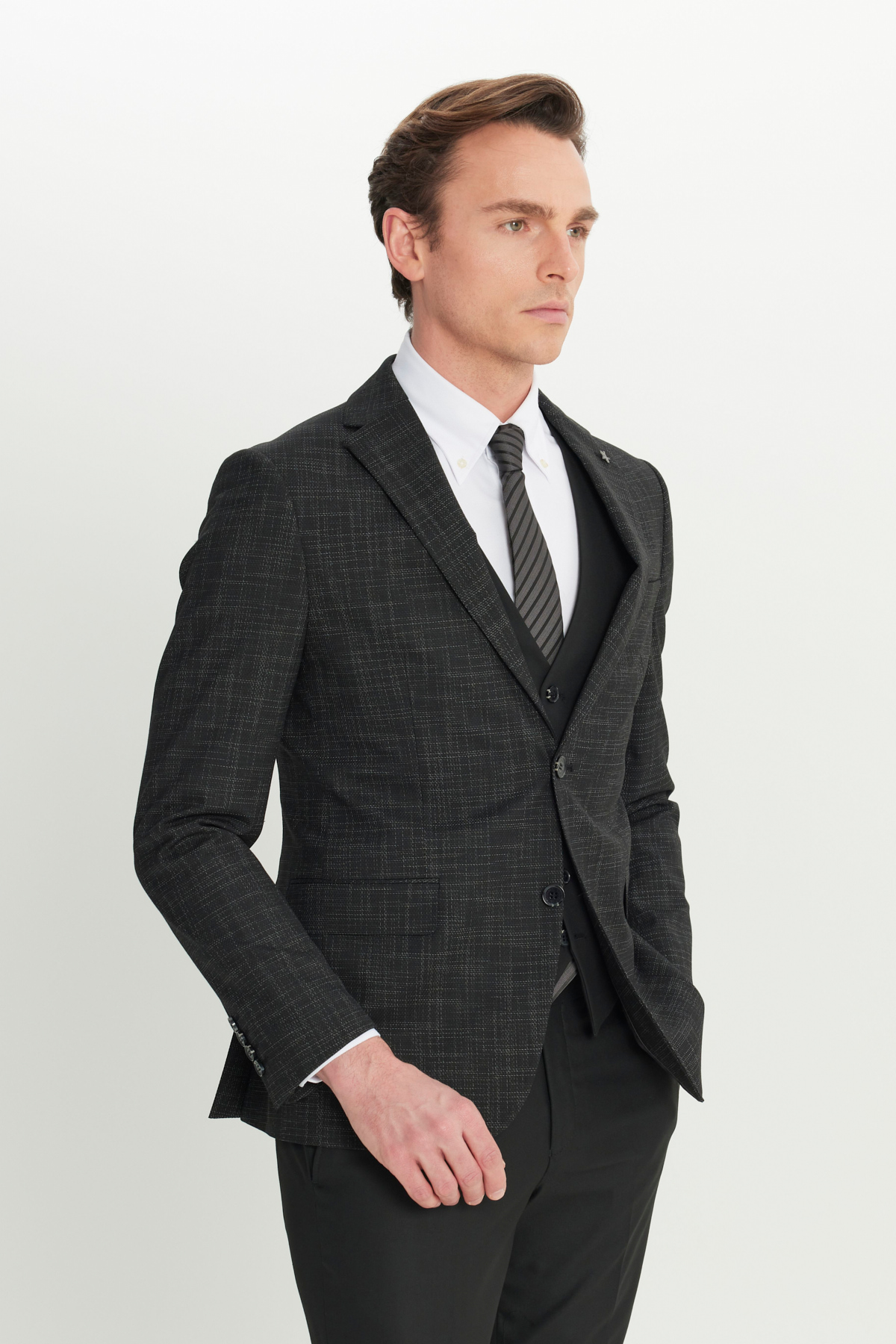 Altınyıldız Classics Erkek Siyah-Beyaz Yünlü Slim Fit Dar Kesim Mono Yaka Kapak Cepli Desenli Yelekli Takım Elbise