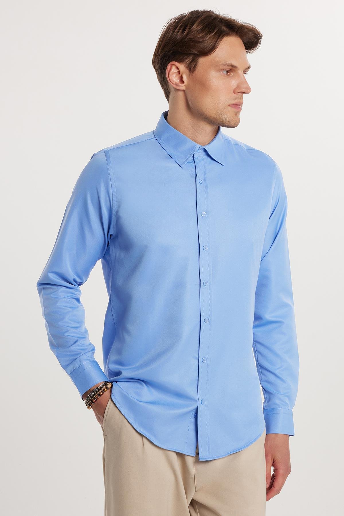 TUDORS Slim Fit Kolay Ütülenen Kravatlık Erkek Gömlek