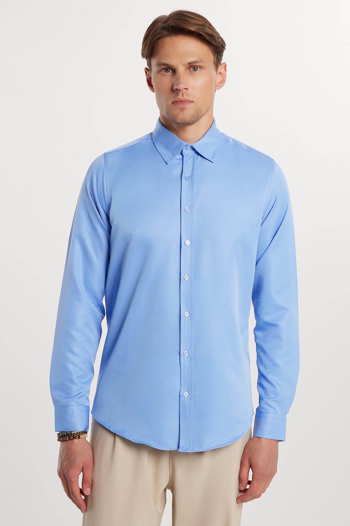 TUDORS Slim Fit Kolay Ütülenen Kravatlık Erkek Gömlek görsel 4