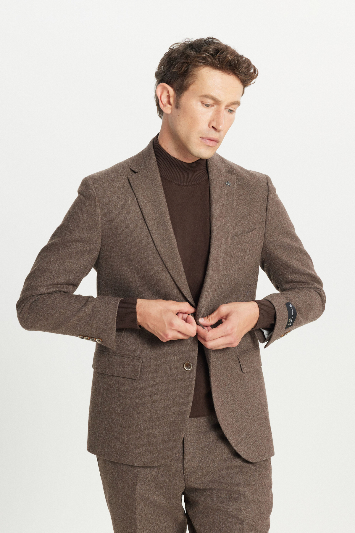 Altınyıldız Classics Erkek Kahverengi Yünlü Slim Fit Dar Kesim Mono Yaka Kapak Cepli Esnek Takım Elbise görsel 4