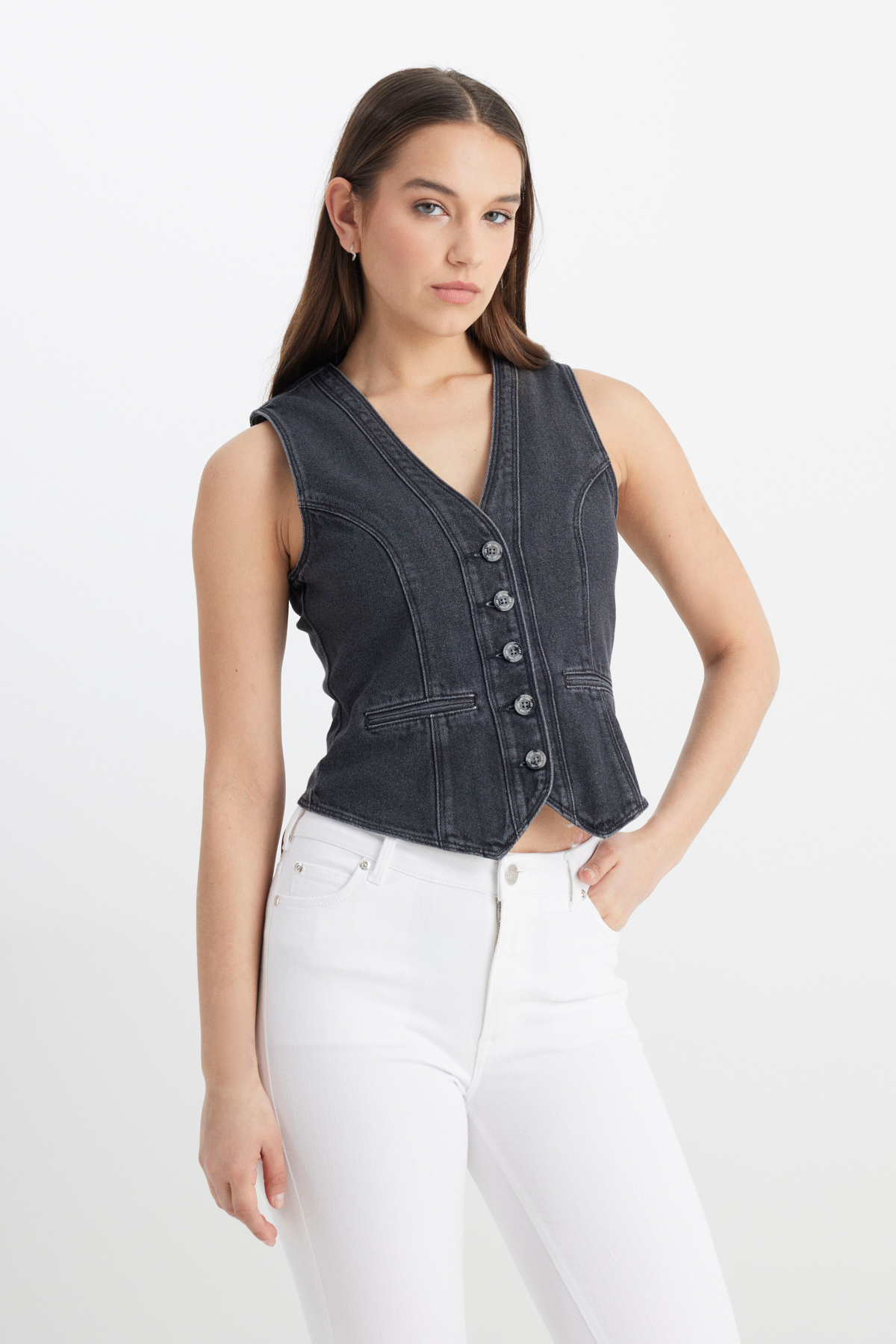 Lee Regular Fit V Yaka %100 Pamuk Antrasit Jean Yelek