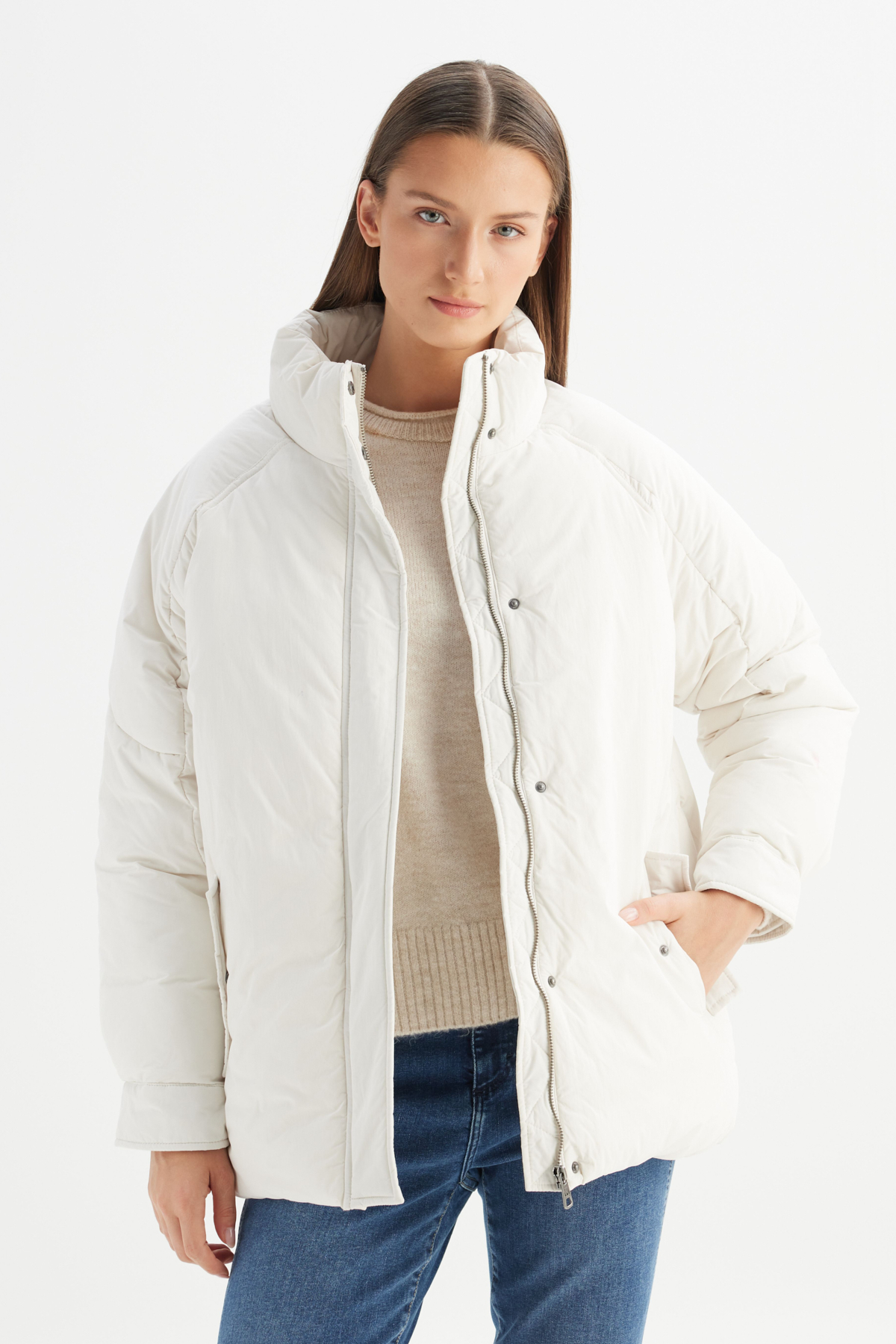 Wrangler Relaxed Fit Dik Yaka Kapitone Detaylı Ekru İnce Mont