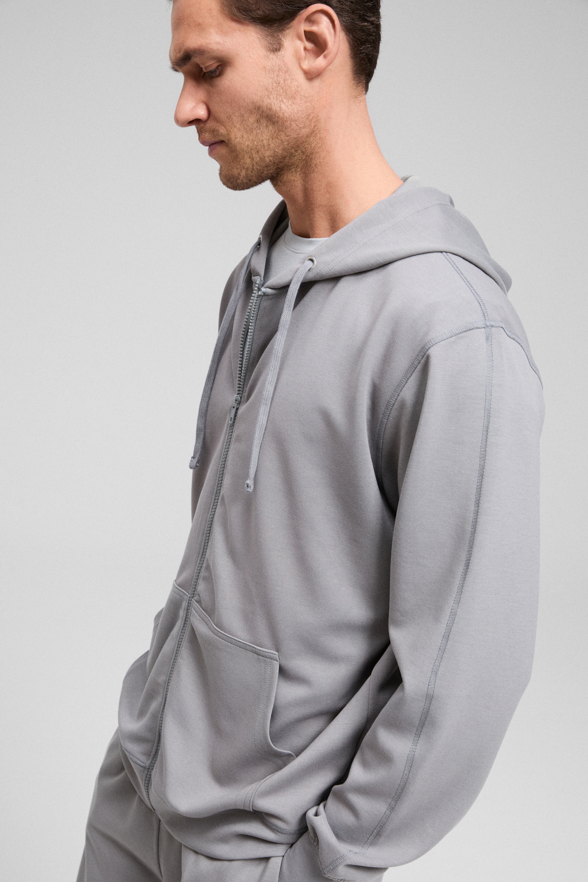 GRIMELANGE Erkek Kapüşonlu Metal Kuş Gözü Detaylı Fermuarlı Kordonlu Cepli GRİ Sweatshirt görsel 4