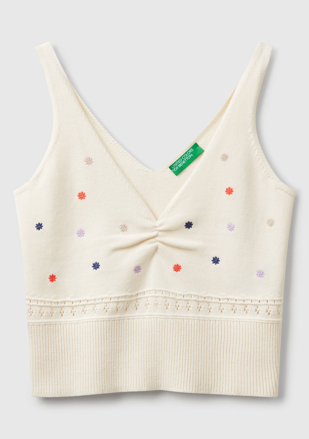 United Colors Of Benetton Kadın Krem %100 Pamuk Çiçek İşlemeli Göğsü Büzgülü Regular Fit Triko Atlet