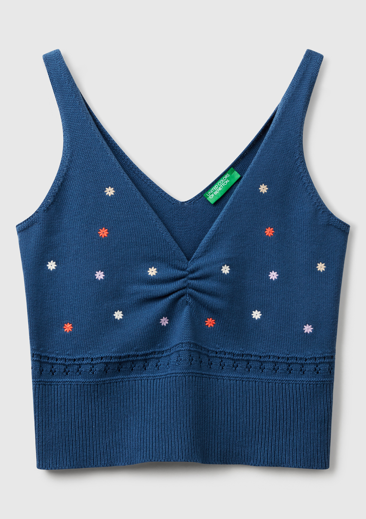 United Colors Of Benetton Kadın Denim %100 Pamuk Çiçek İşlemeli Göğsü Büzgülü Regular Fit Triko Atlet
