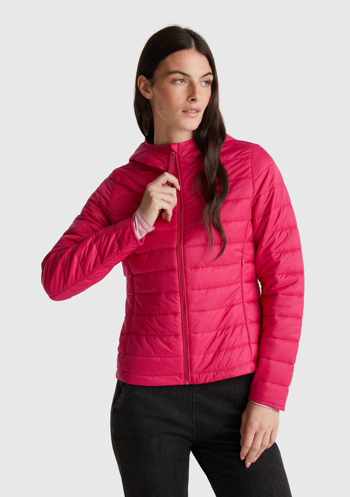 United Colors Of Benetton Kadın Fuşya Polyester Dolgulu Feramuarlı Kapüşonlu Slim Fit Puffer Mont