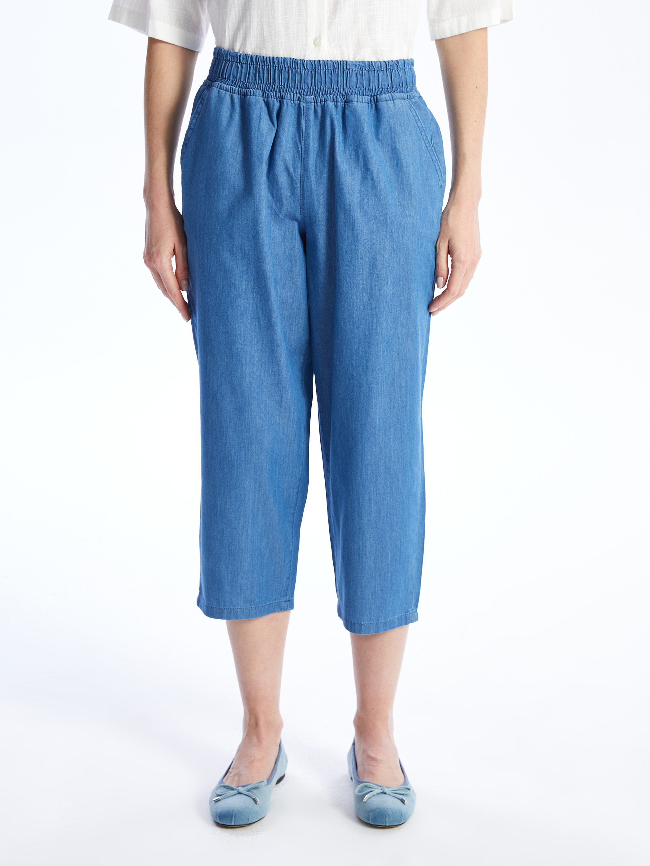 LCW ECO Kadın Beli Lastikli Düz Jean Kapri görsel 3