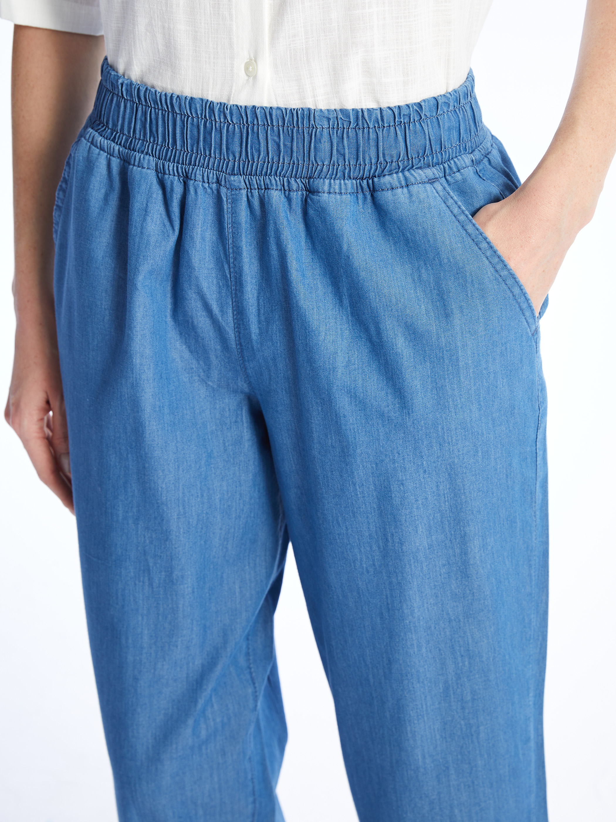 LCW ECO Kadın Beli Lastikli Düz Jean Kapri görsel 5