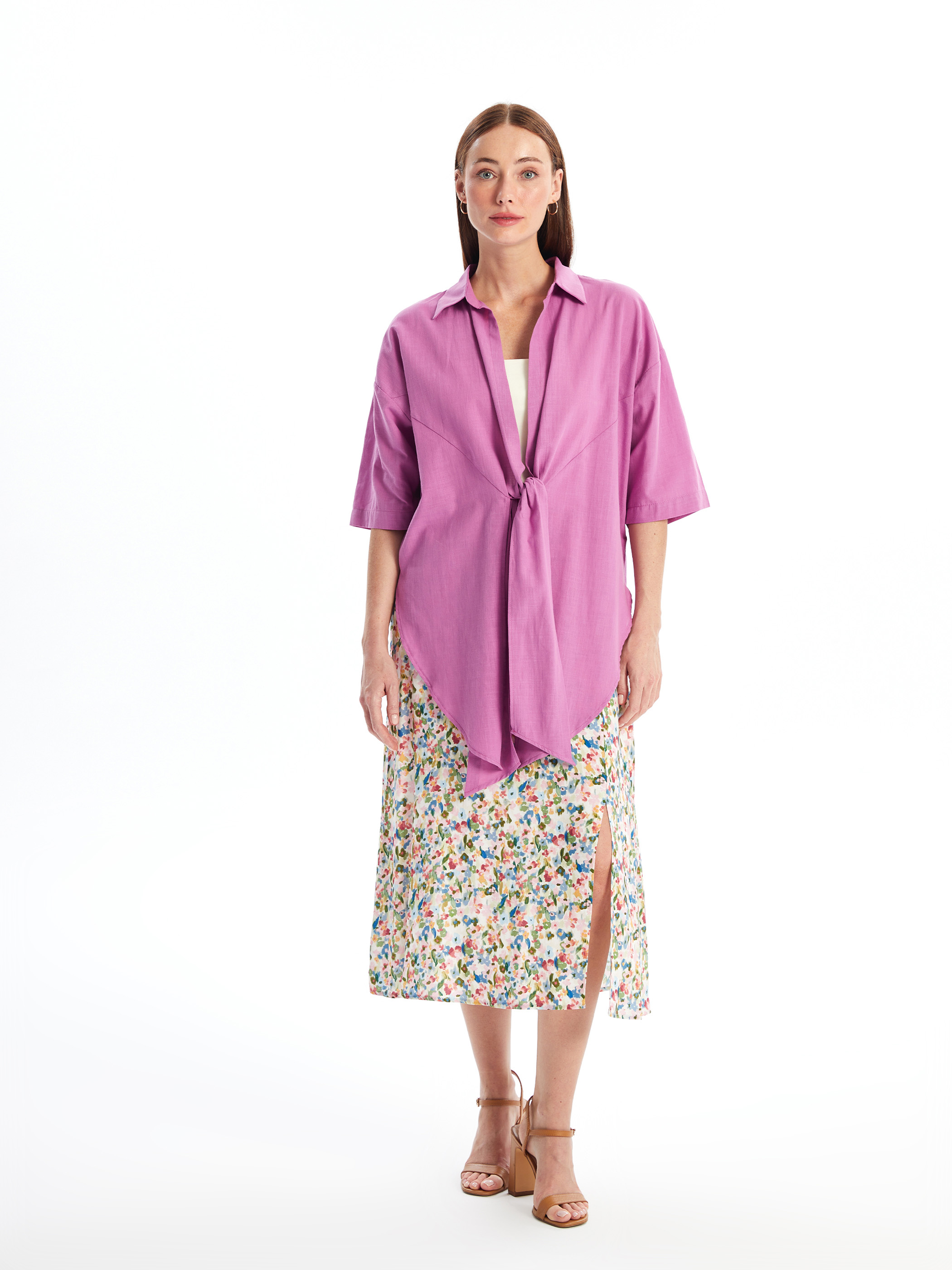 LCWAIKIKI Classic Şal Yaka Düz Oversize Keten Görünümlü Kadın Kimono görsel 2