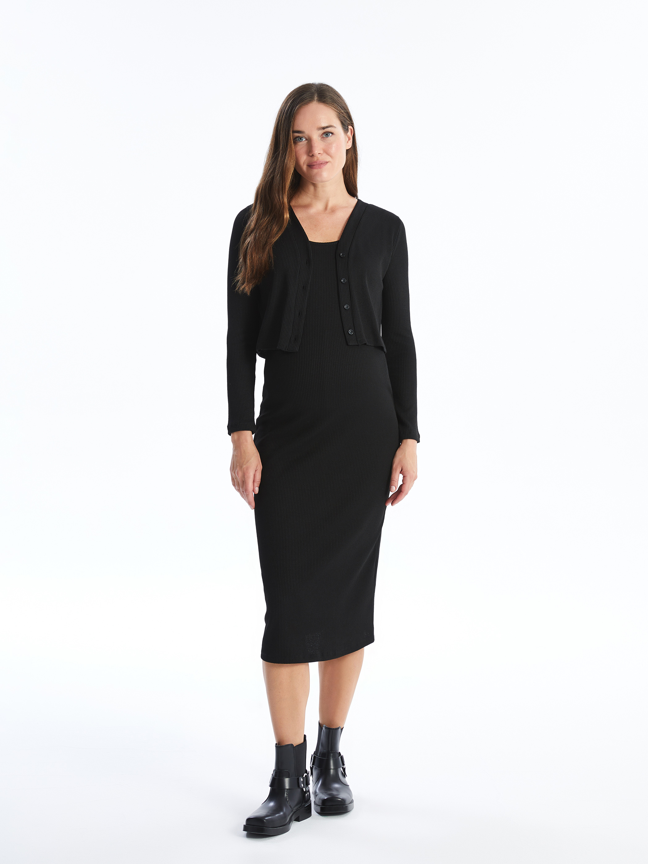 LCW Comfort Bisiklet Yaka Elbise ve Hırka Takım