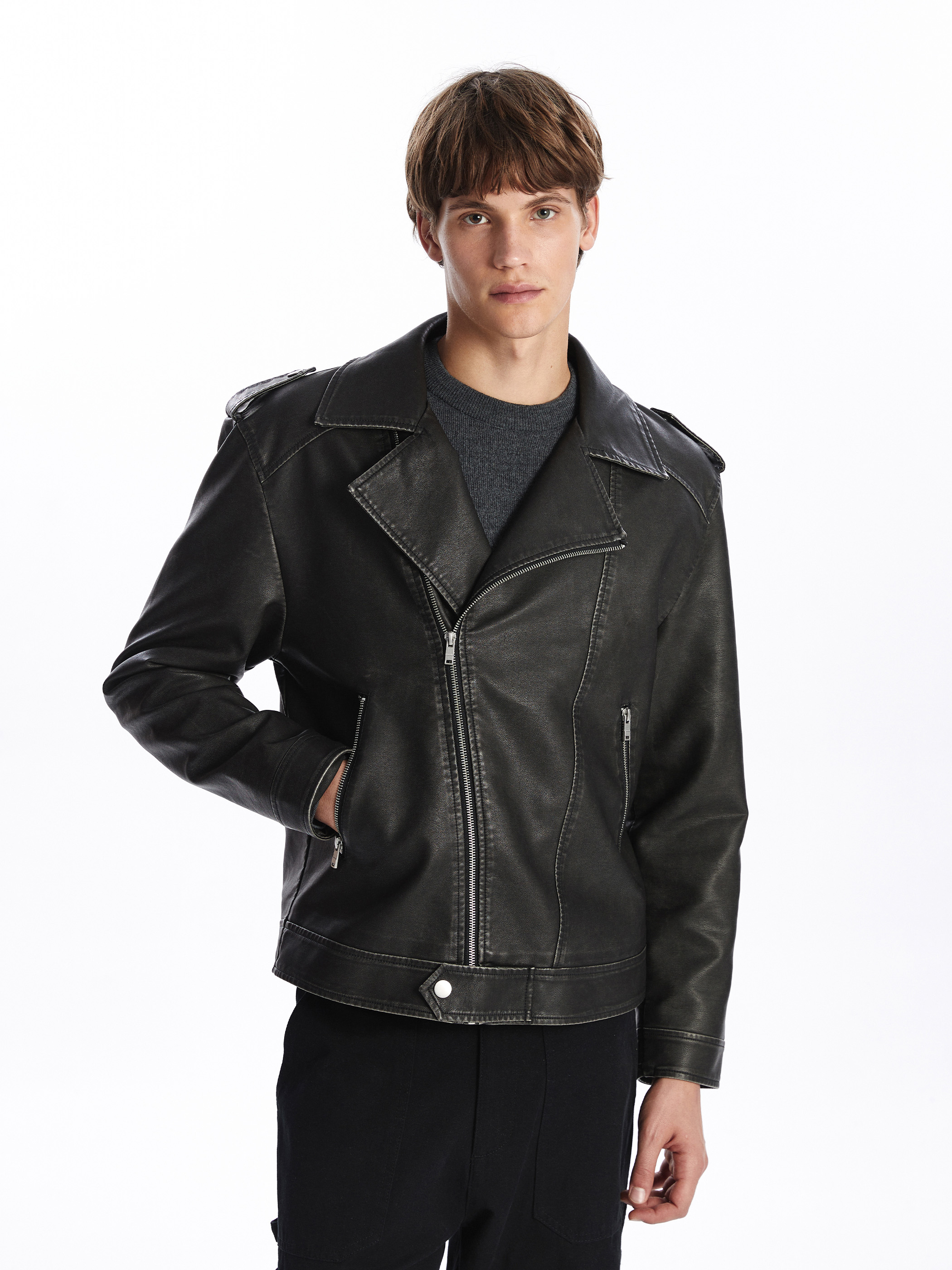 XSIDE Slim Fit Biker Yaka Erkek Deri Görünümlü Ceket