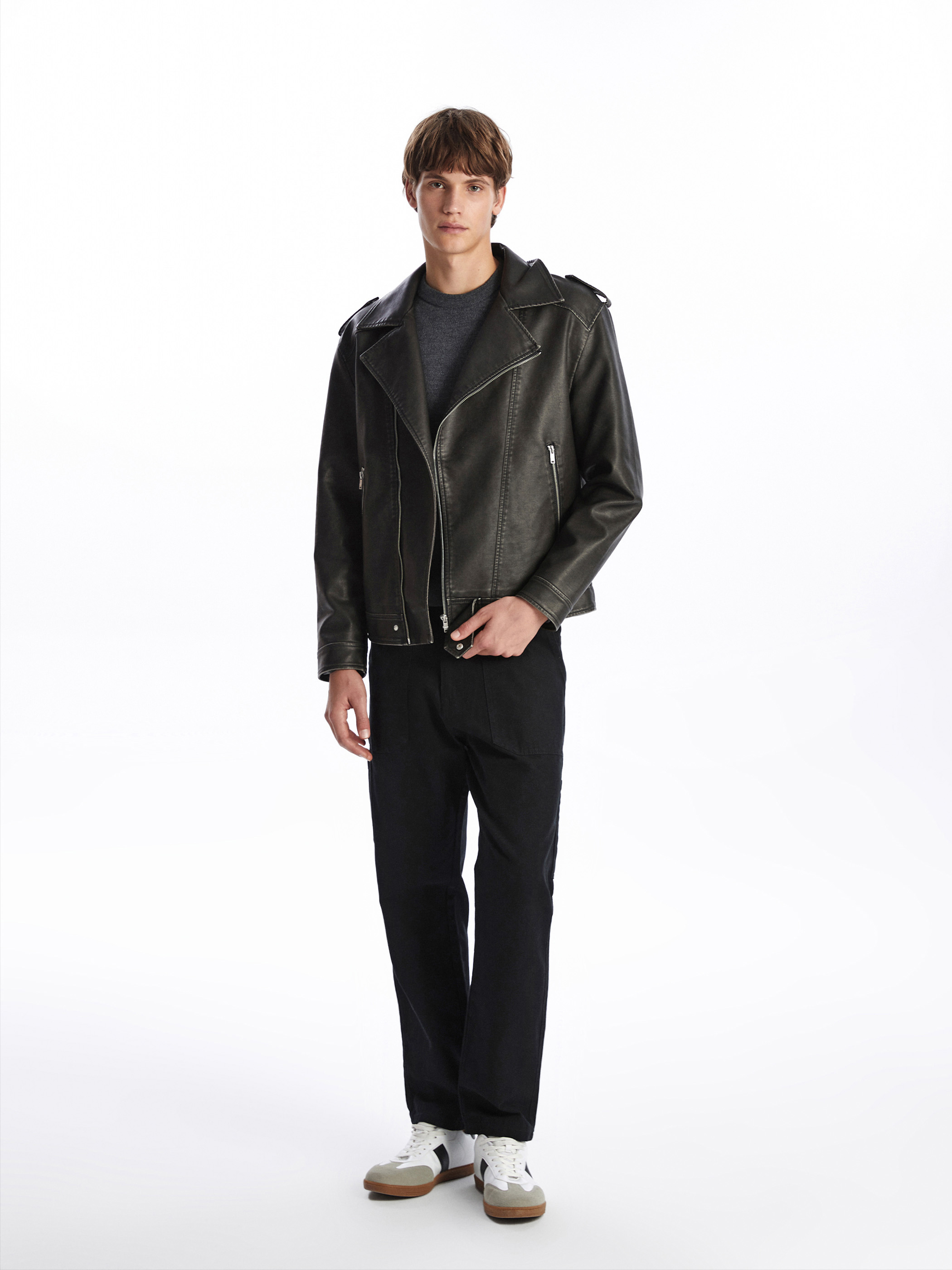 XSIDE Slim Fit Biker Yaka Erkek Deri Görünümlü Ceket görsel 2
