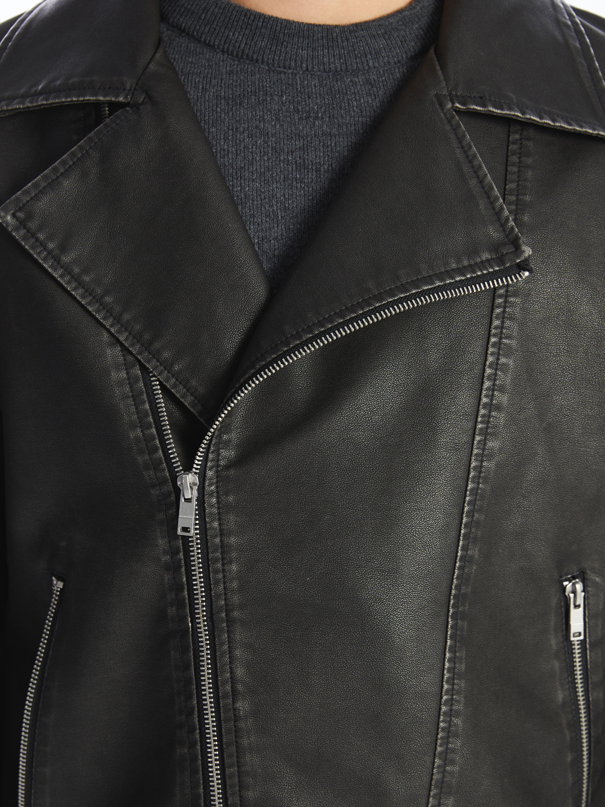 XSIDE Slim Fit Biker Yaka Erkek Deri Görünümlü Ceket görsel 3