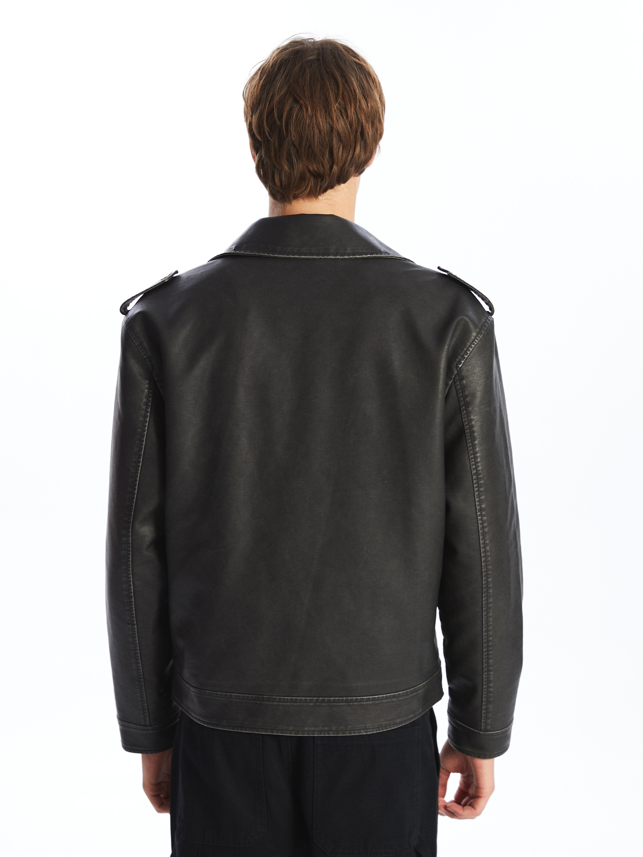 XSIDE Slim Fit Biker Yaka Erkek Deri Görünümlü Ceket görsel 5