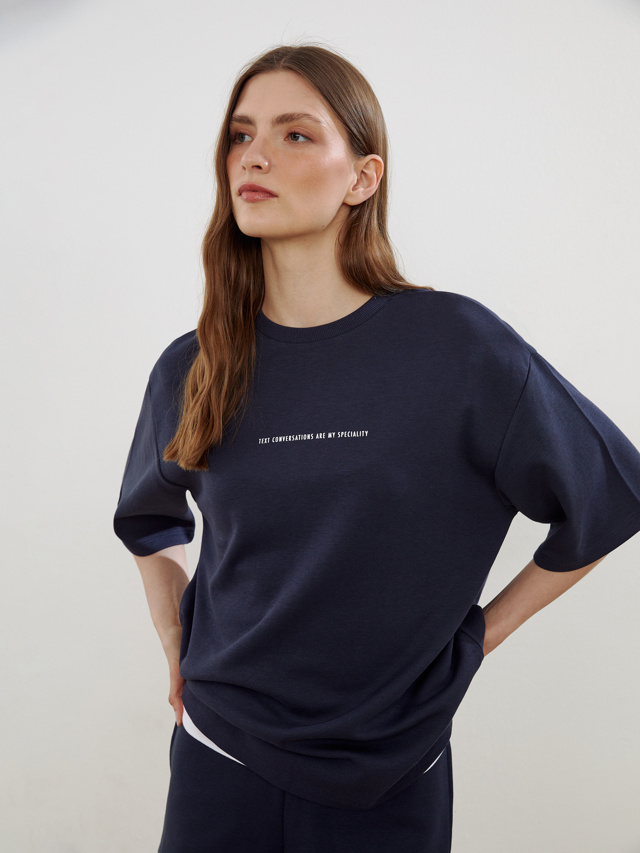 LCW Vision Bisiklet Yaka Baskılı Oversize Kadın Tişört