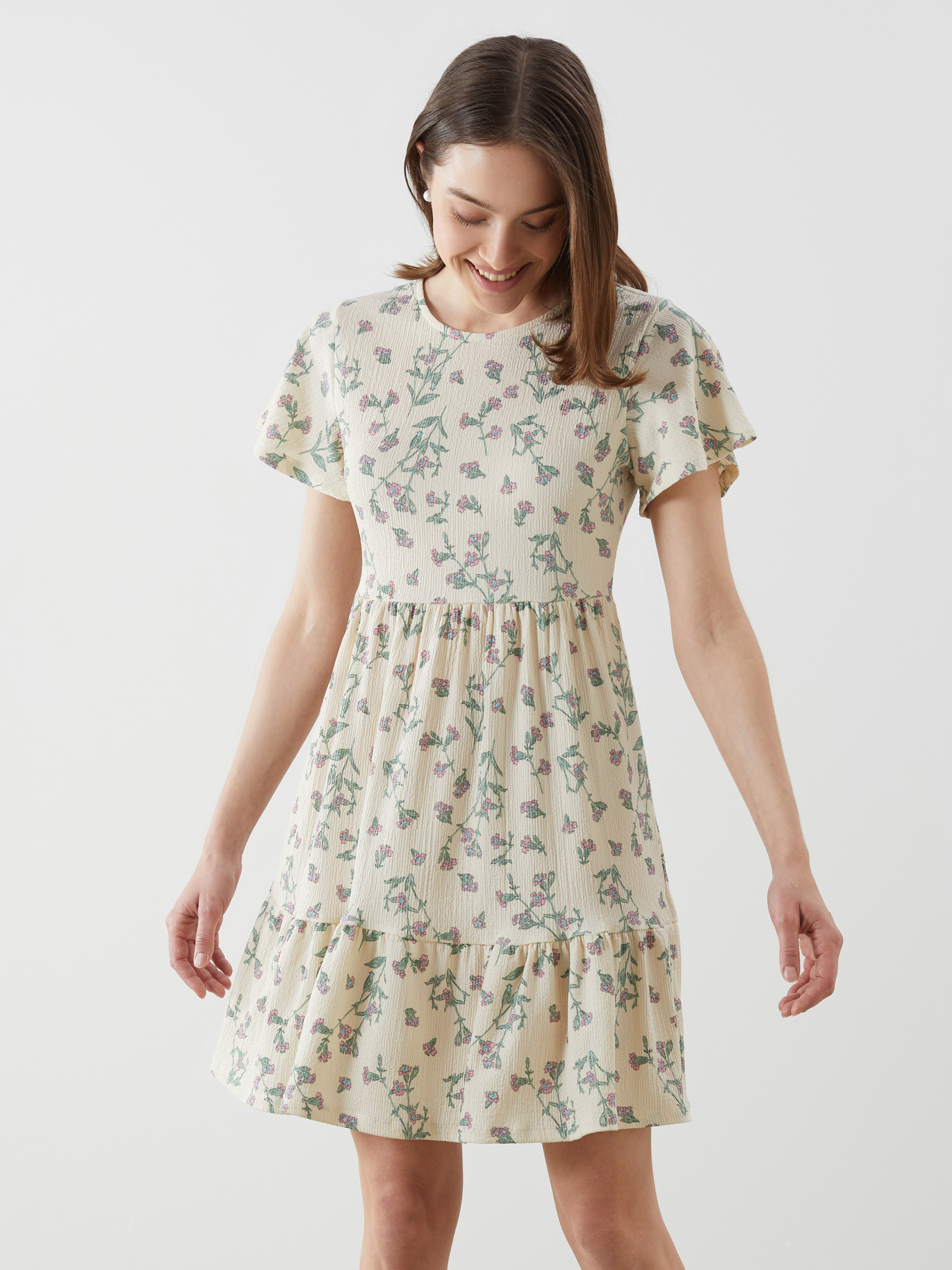 LCW Comfort Bisiklet Yaka Çiçekli Mini Elbise