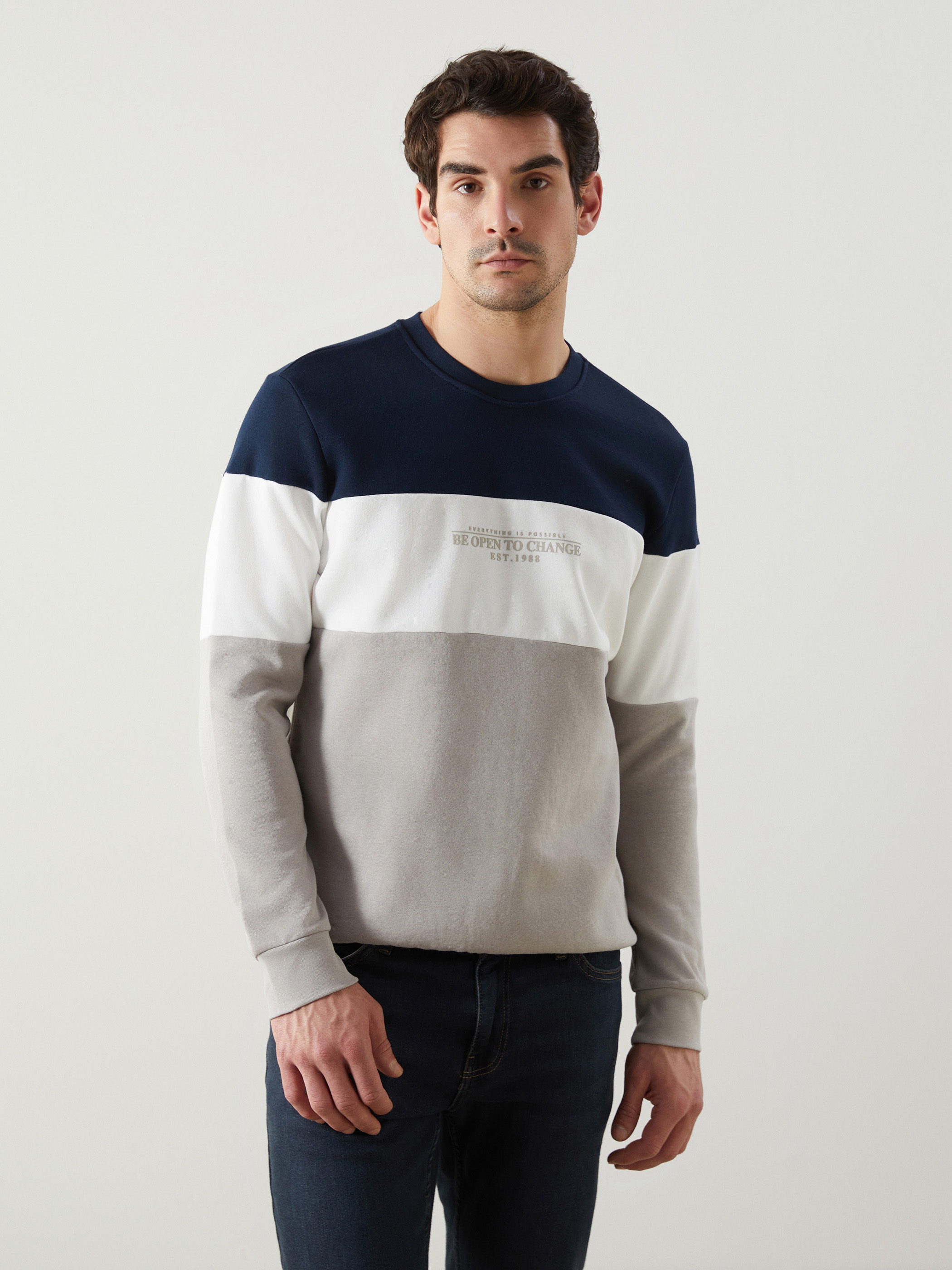 LCWAIKIKI Classic Bisiklet Yaka Uzun Kollu Renk Bloklu Erkek Sweatshirt