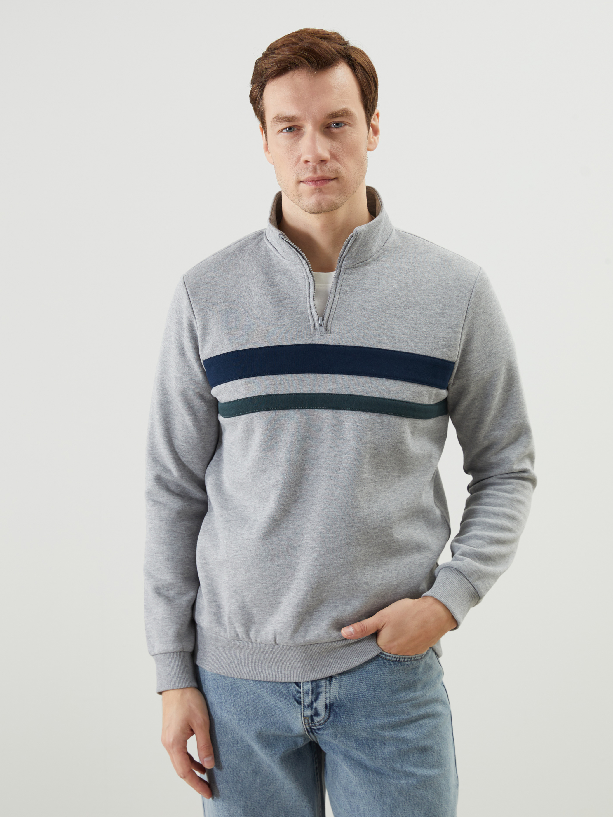 LCWAIKIKI Classic Dik Yaka Uzun Kollu Çizgili Erkek Sweatshirt