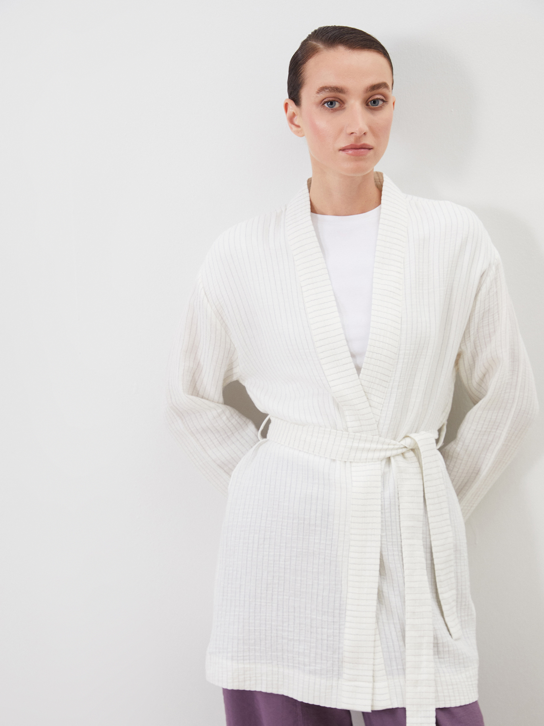 LCW Modest Şal Yaka Çizgili Müslin Kadın Kimono