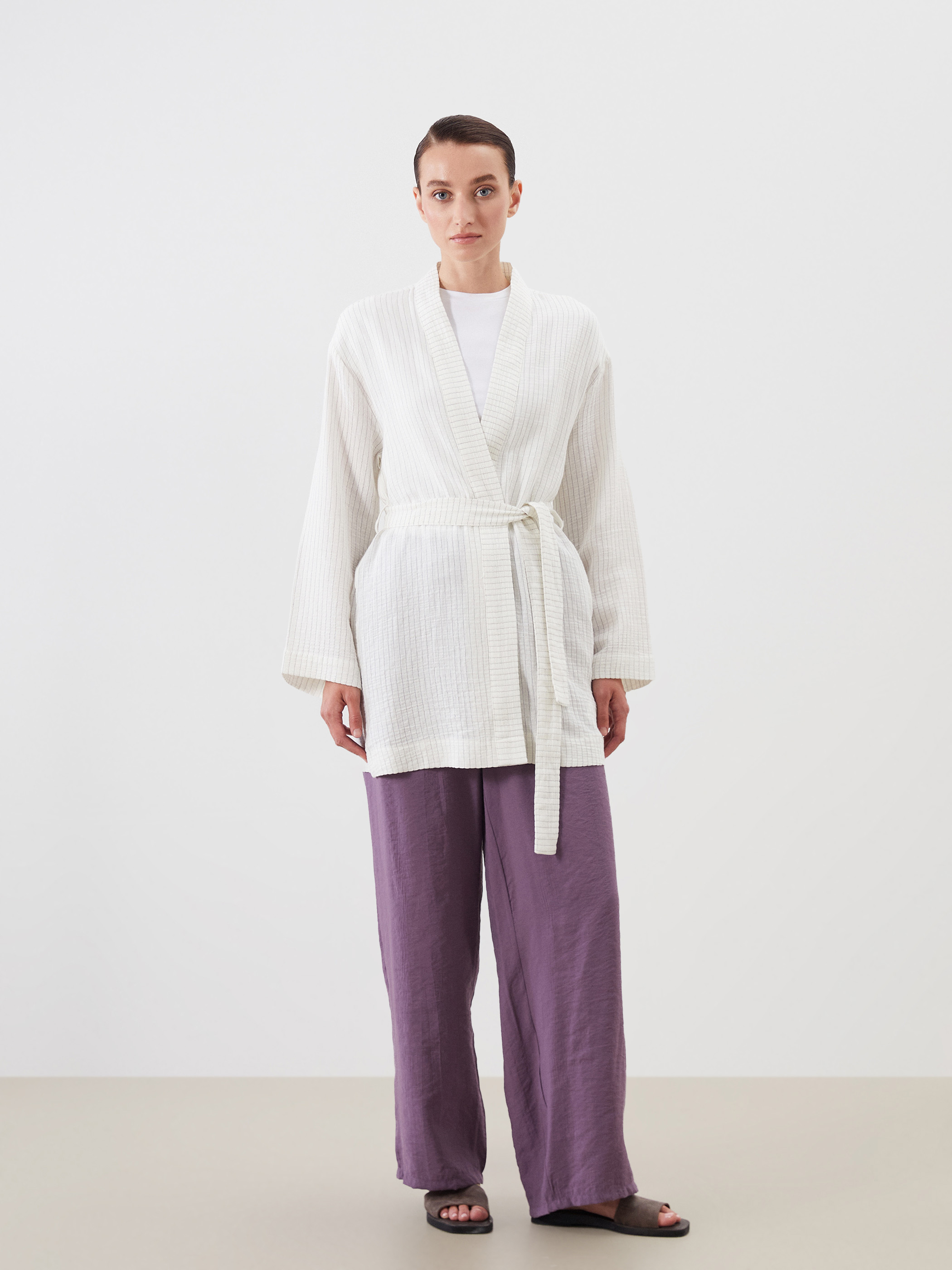 LCW Modest Şal Yaka Çizgili Müslin Kadın Kimono görsel 2
