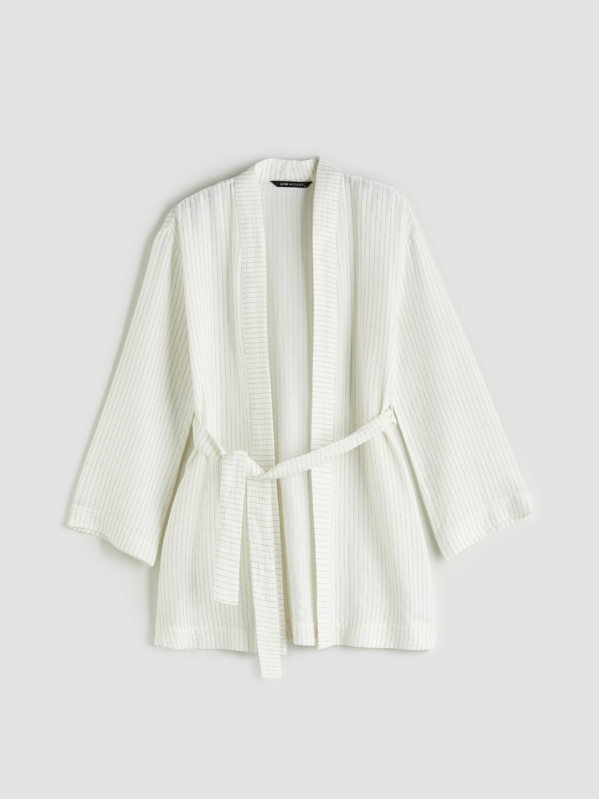 LCW Modest Şal Yaka Çizgili Müslin Kadın Kimono görsel 5