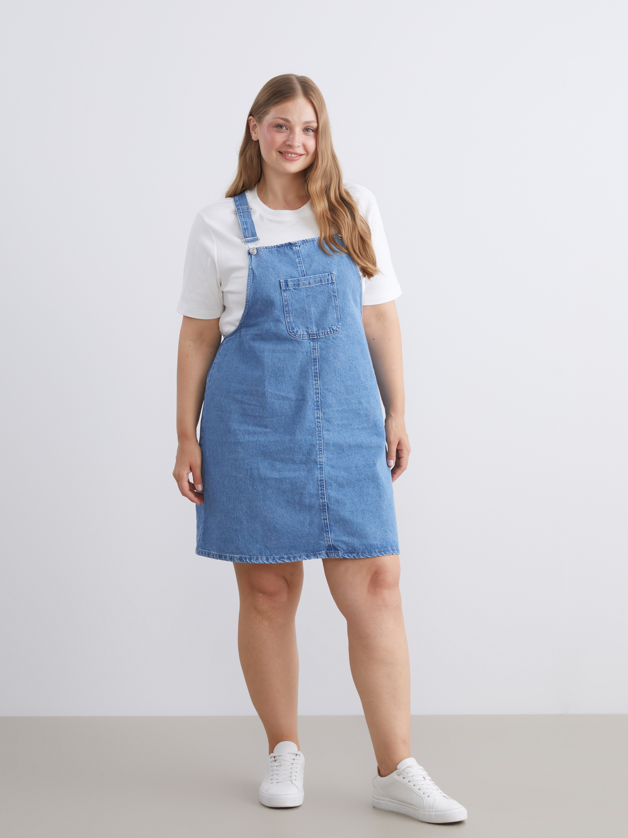 LCW Comfort Kare Yaka Jean Salopet Elbise görsel 2