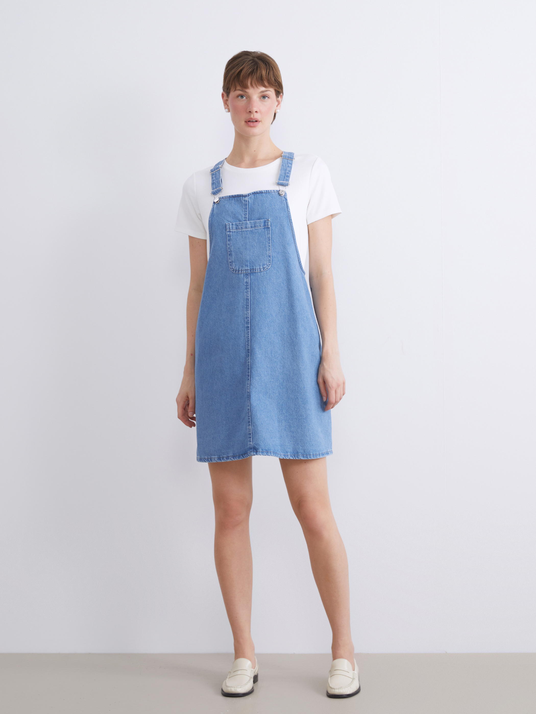 LCW Comfort Kare Yaka Jean Salopet Elbise görsel 3