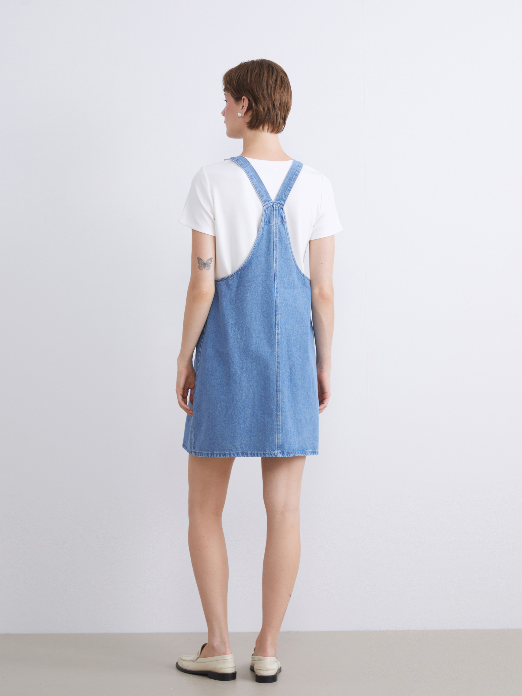 LCW Comfort Kare Yaka Jean Salopet Elbise görsel 5