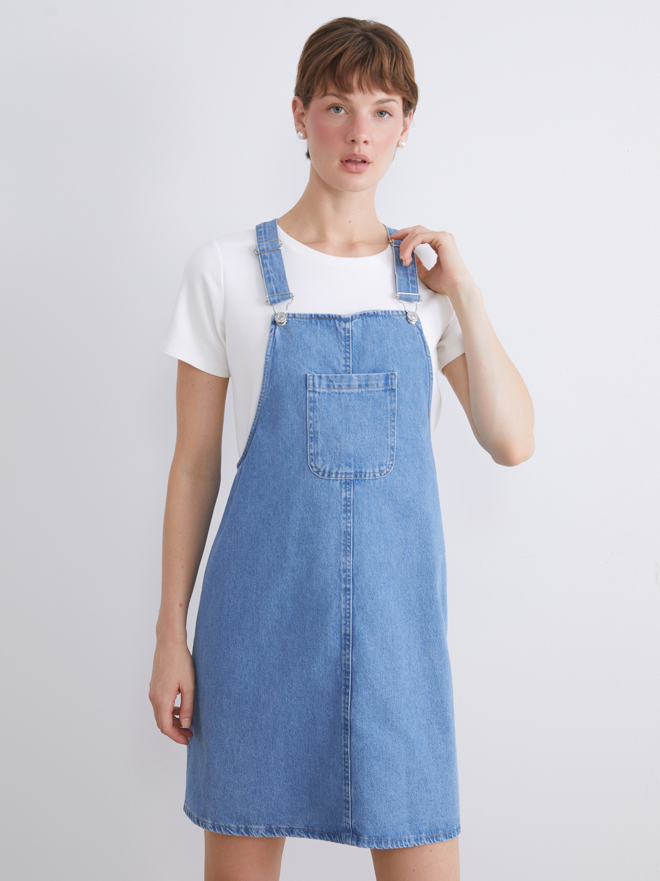 LCW Comfort Kare Yaka Jean Salopet Elbise
