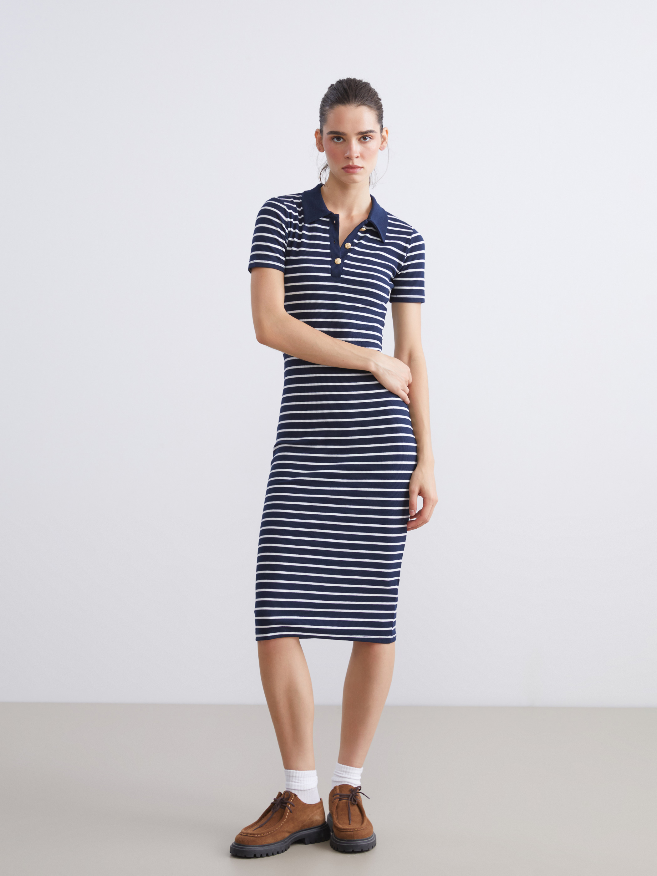 LCW Vision Polo Yaka Çizgili Elbise