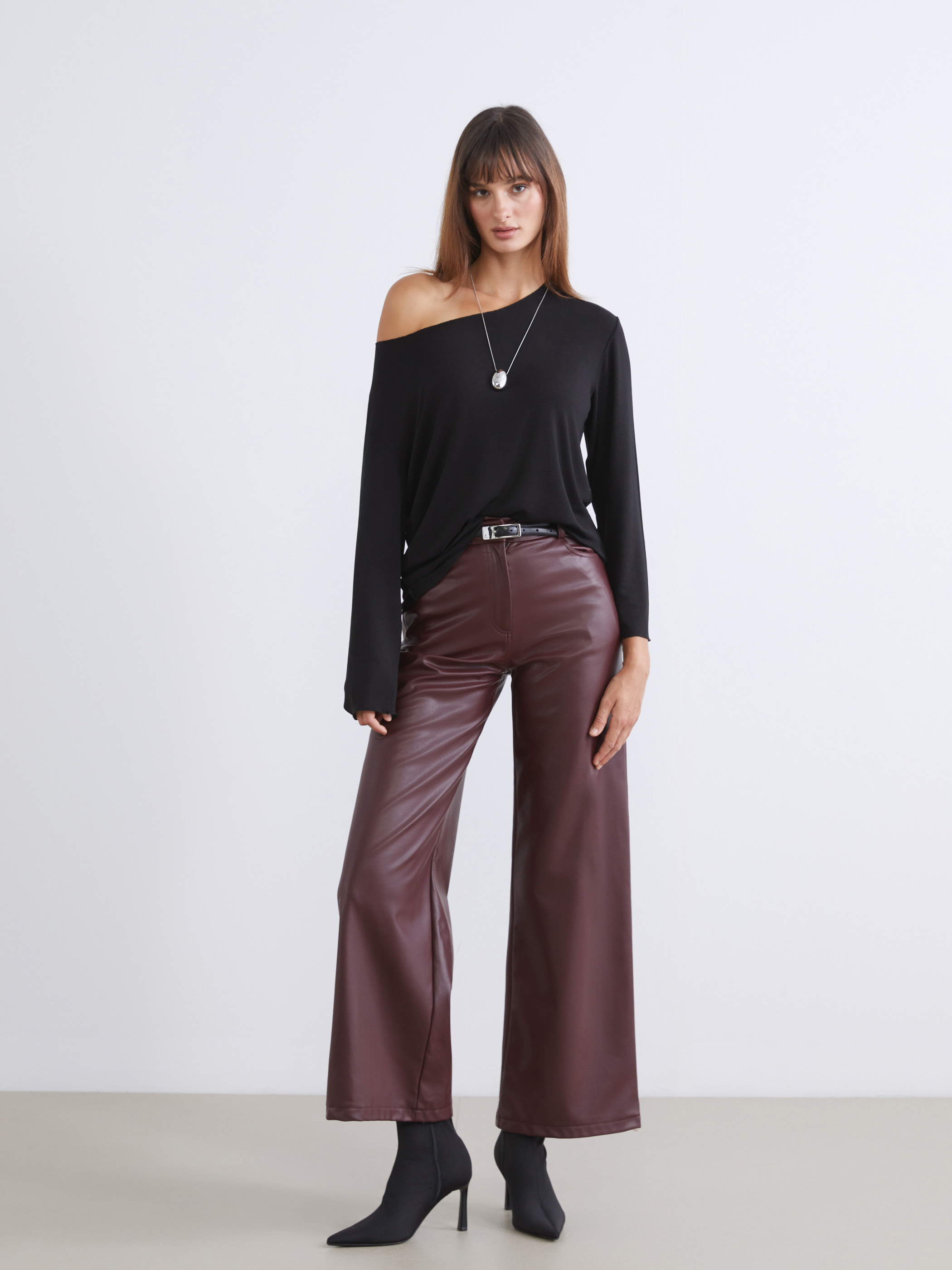 Soulife Loose Fit Kadın Deri Görünümlü Pantolon