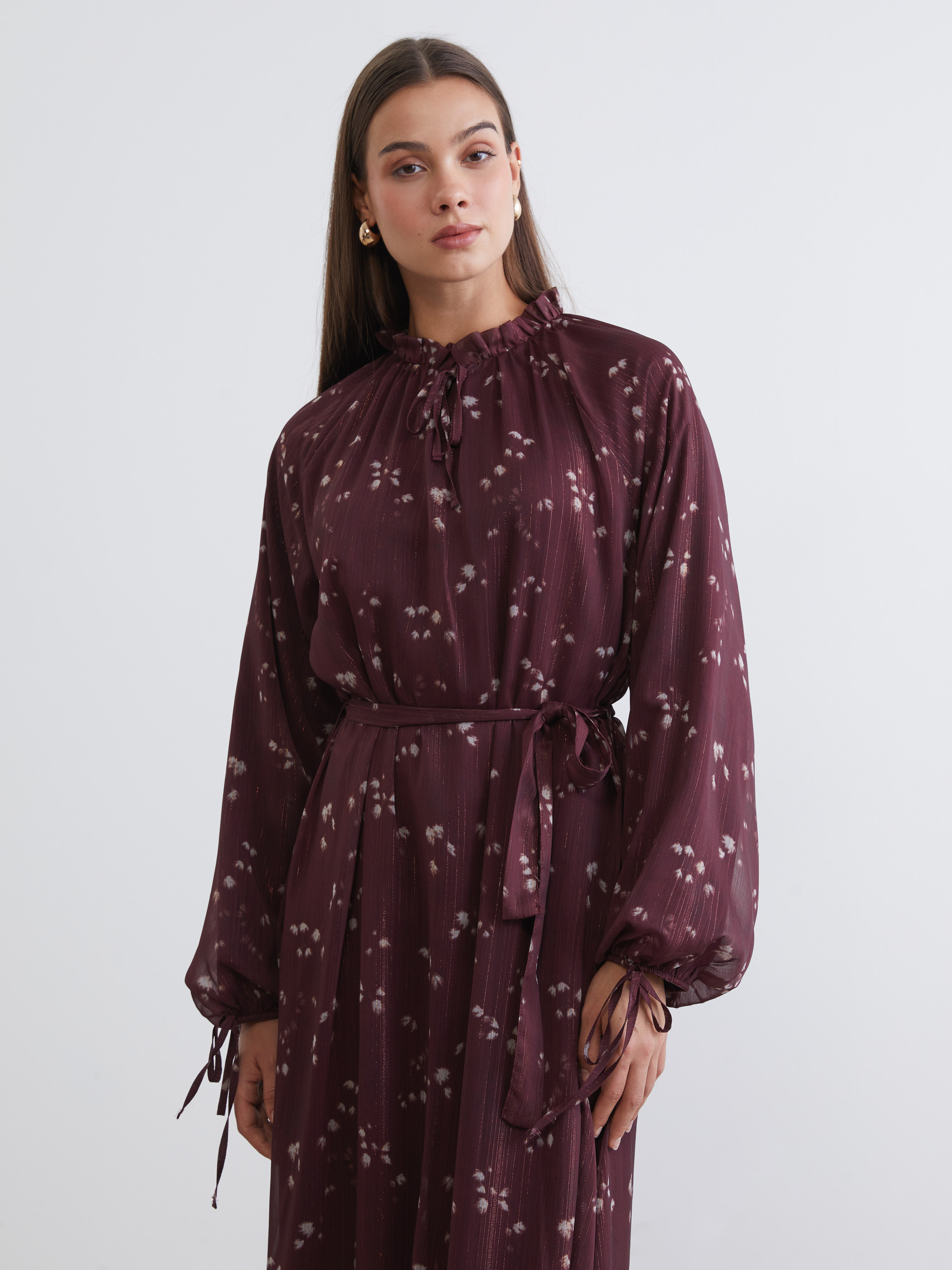 LCW Modest Desenli Belden Oturtmalı Şifon Elbise