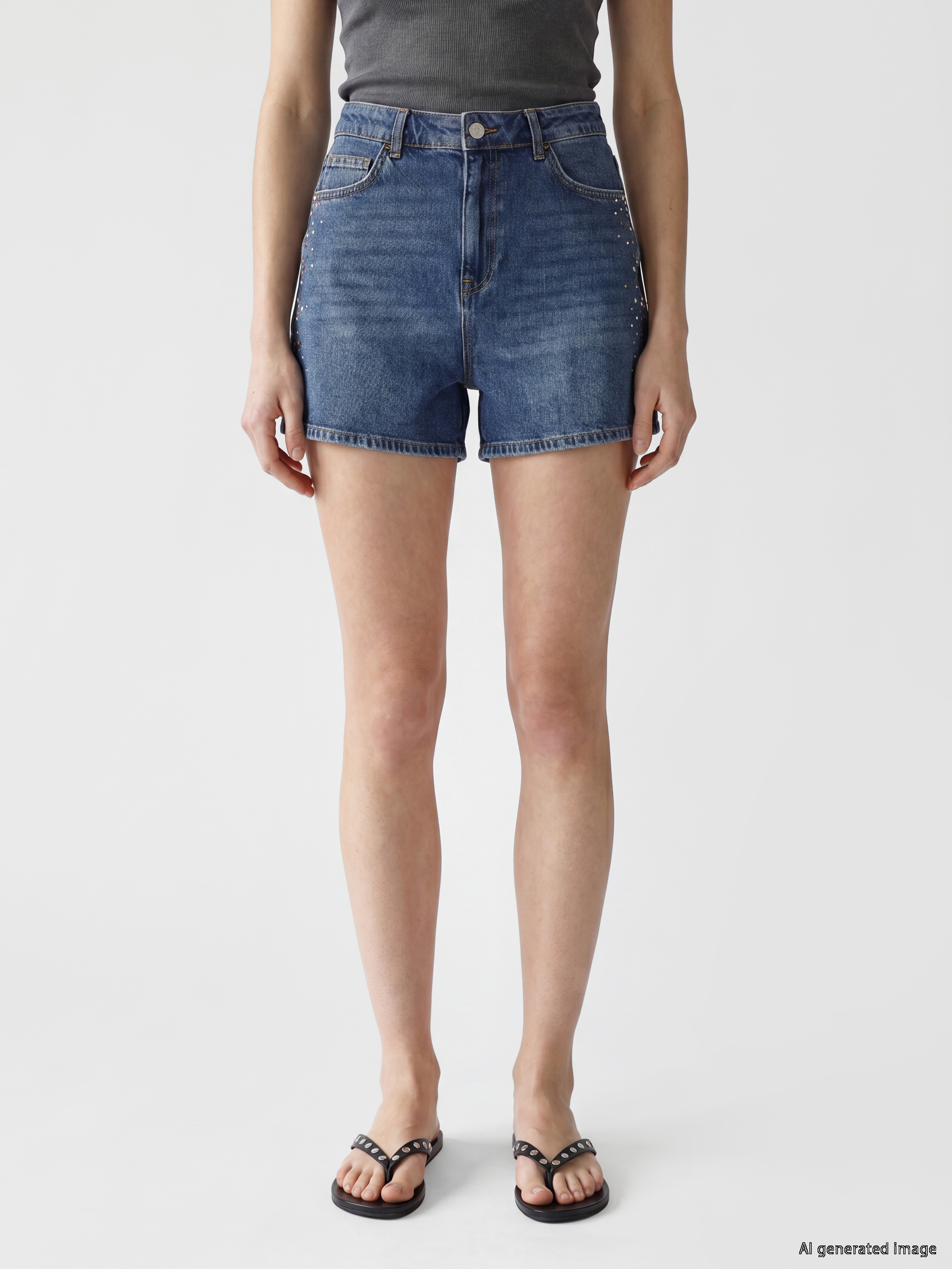 LCW Jeans Yüksek Bel Taşlı Kadın Jean Şort görsel 2