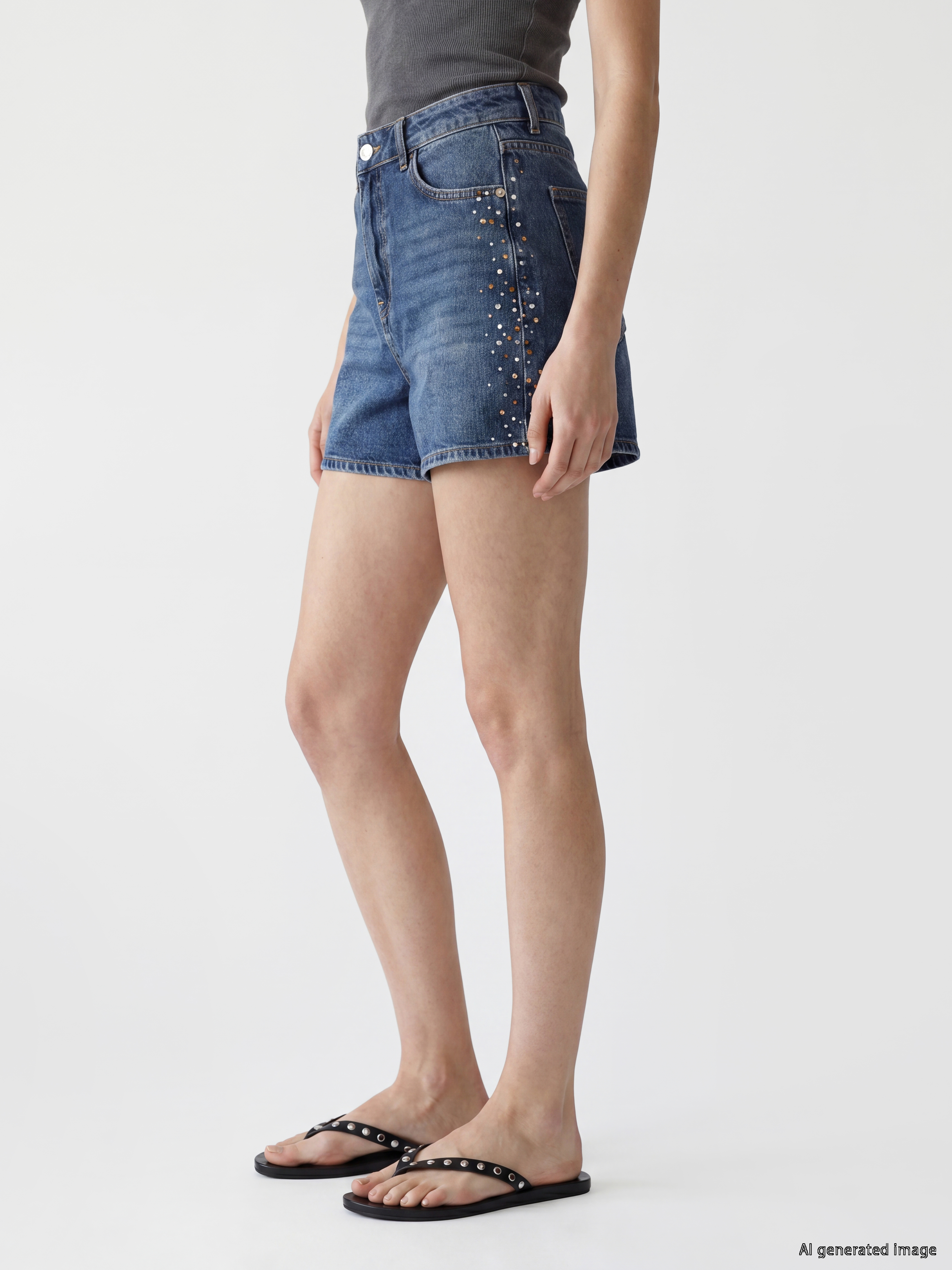 LCW Jeans Yüksek Bel Taşlı Kadın Jean Şort görsel 3