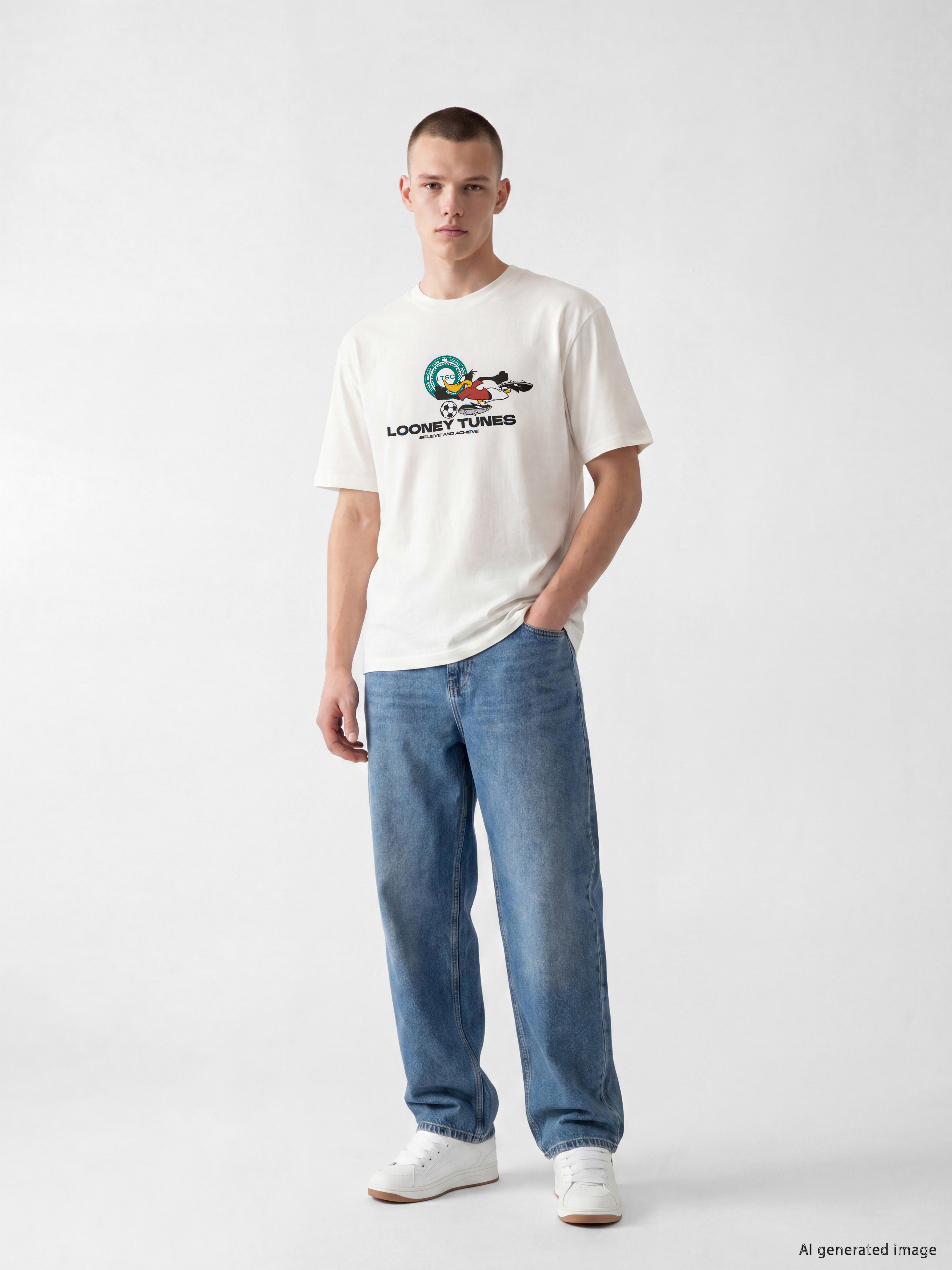 XSIDE Bisiklet Yaka Looney Tunes Baskılı Erkek Tişört görsel 2