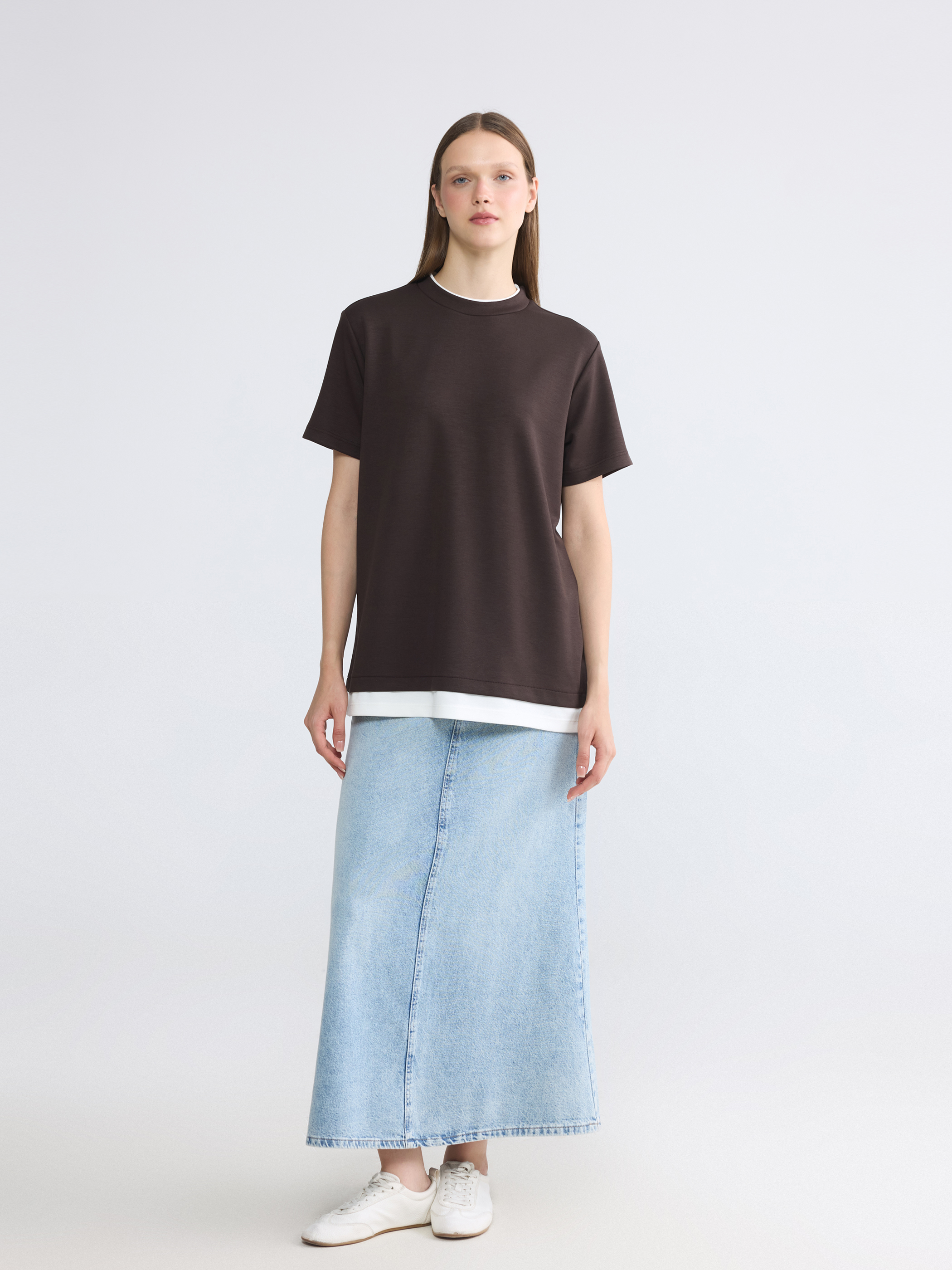 LCW Modest Bisiklet Yaka Soft Touch Kadın Tişört görsel 2