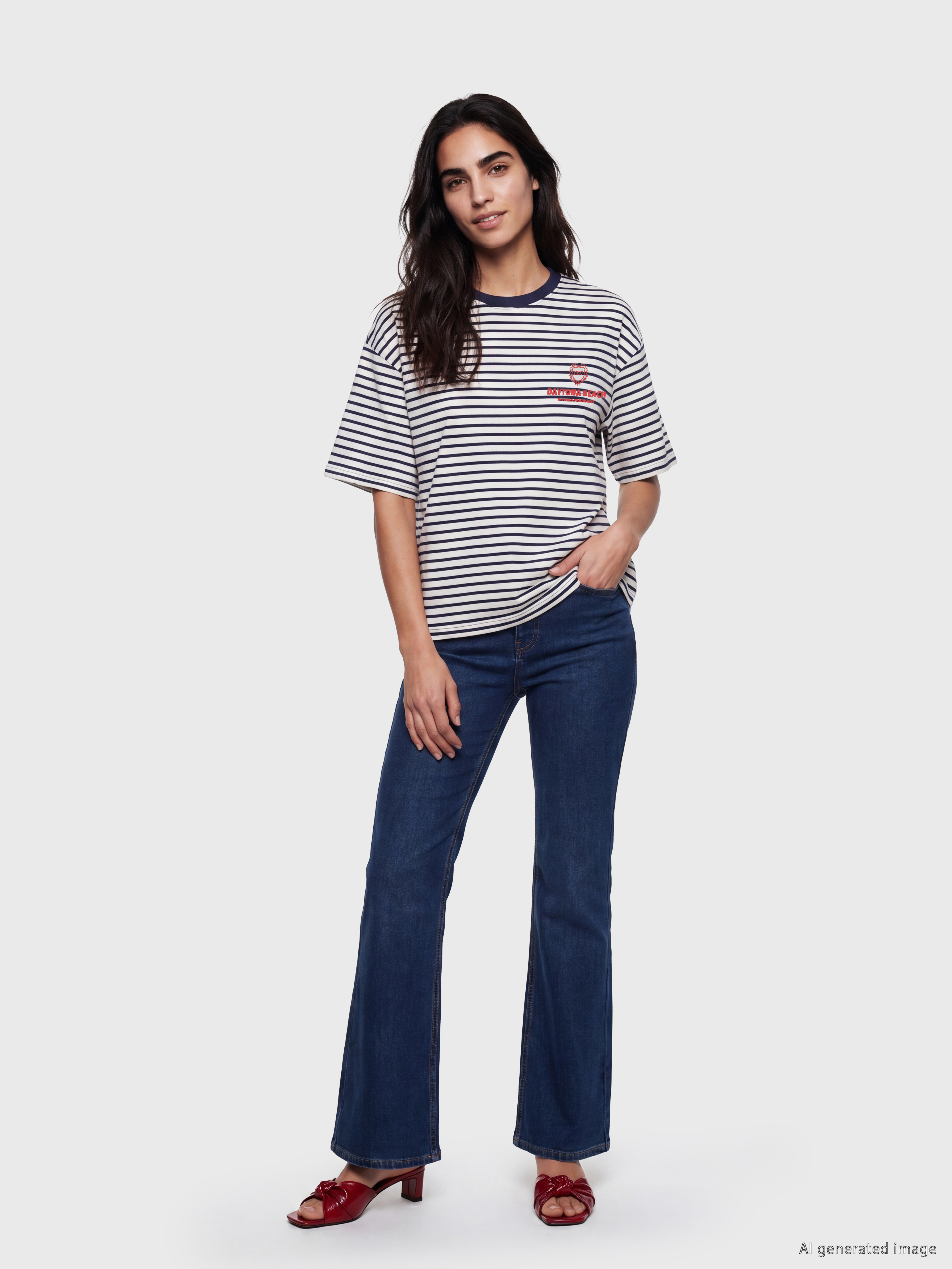 LCW Vision Çizgili Oversize %100 Pamuklu Kadın Tişört görsel 2