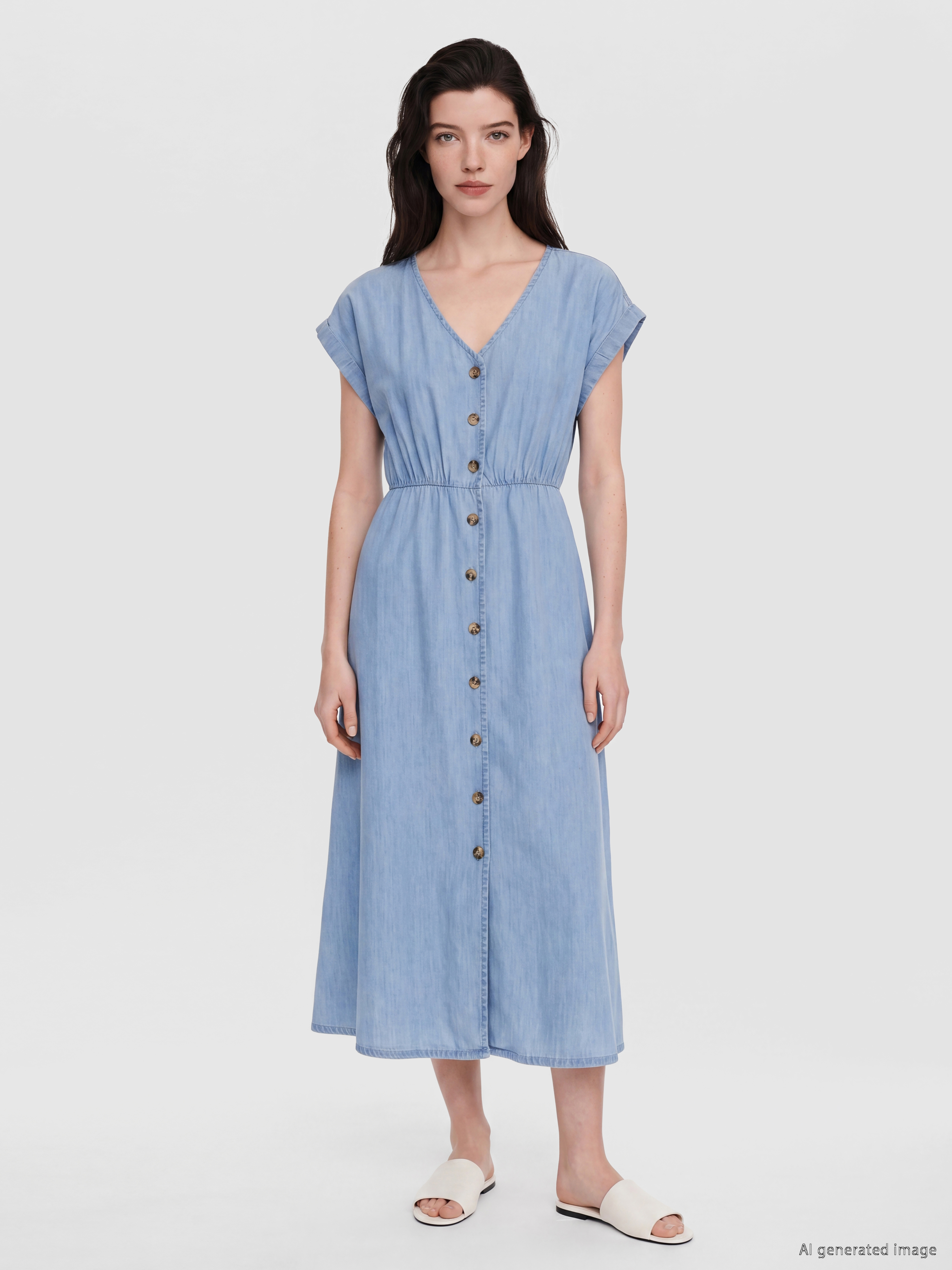 LCW Comfort V Yaka Belden Oturtmalı Jean Elbise