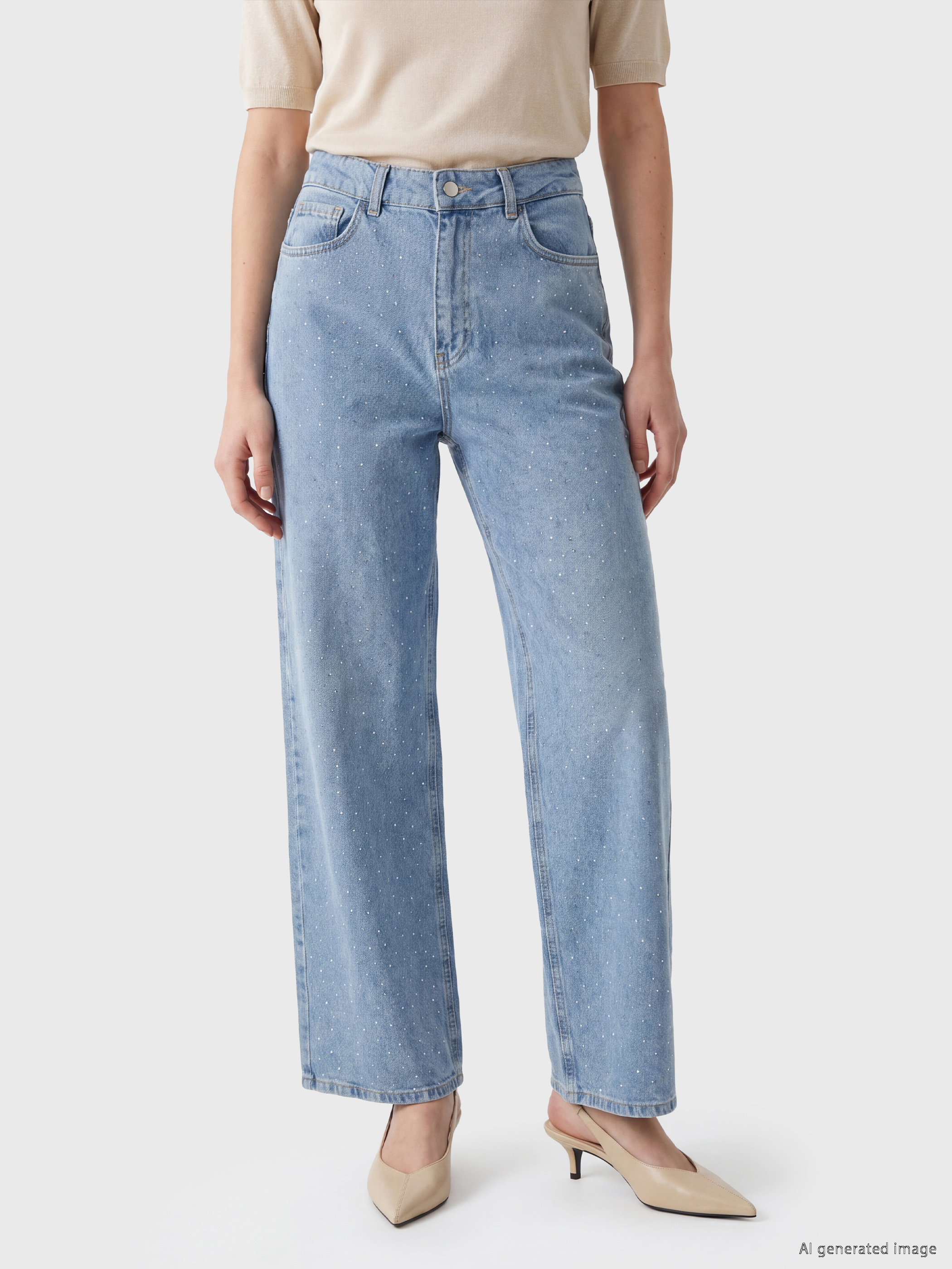 LCW Modest Taşlı Wideleg Kadın Jean Pantolon görsel 2