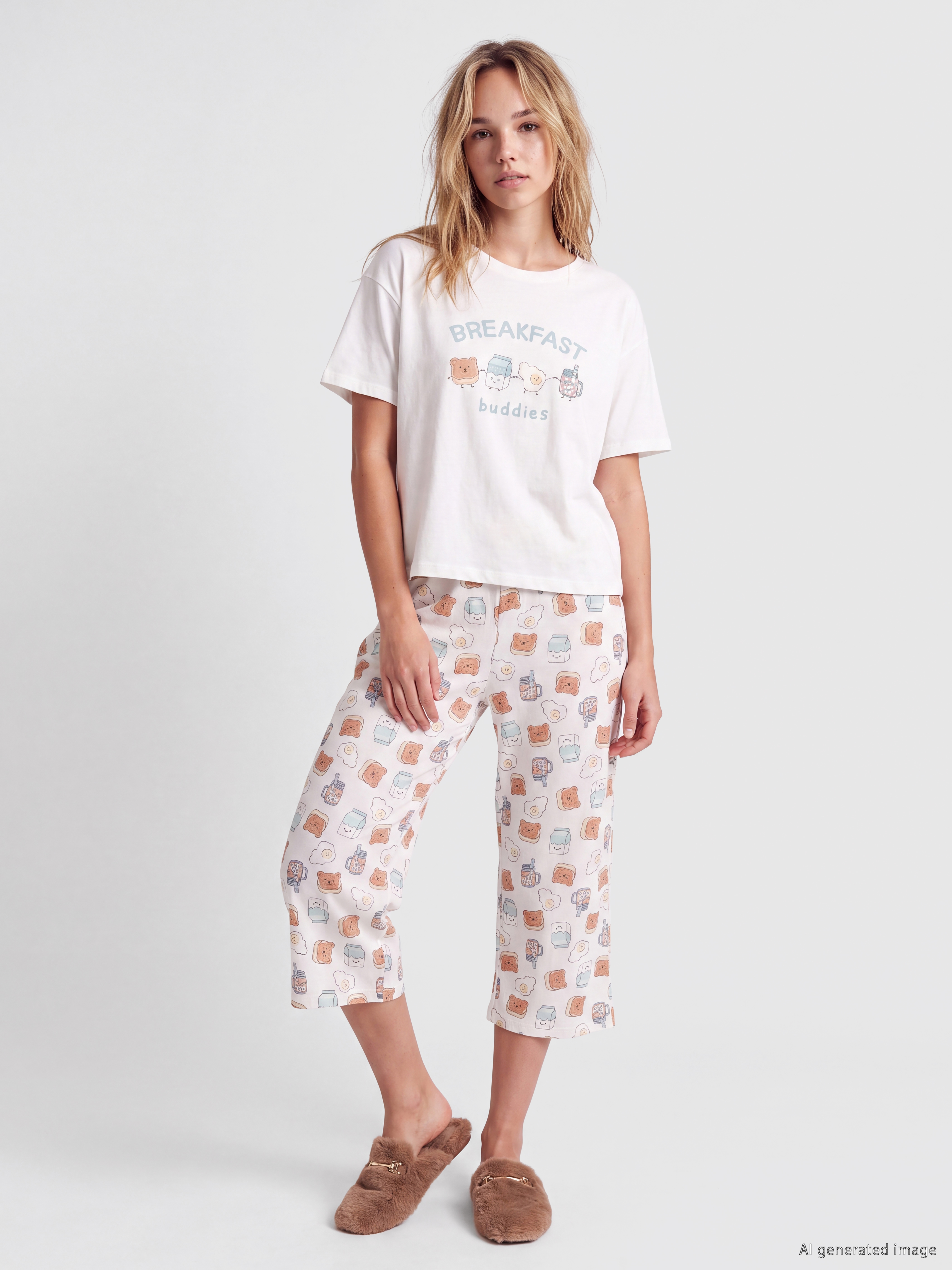 LCW Young Bisiklet Yaka Baskılı Kadın Kaprili Pijama Takımı