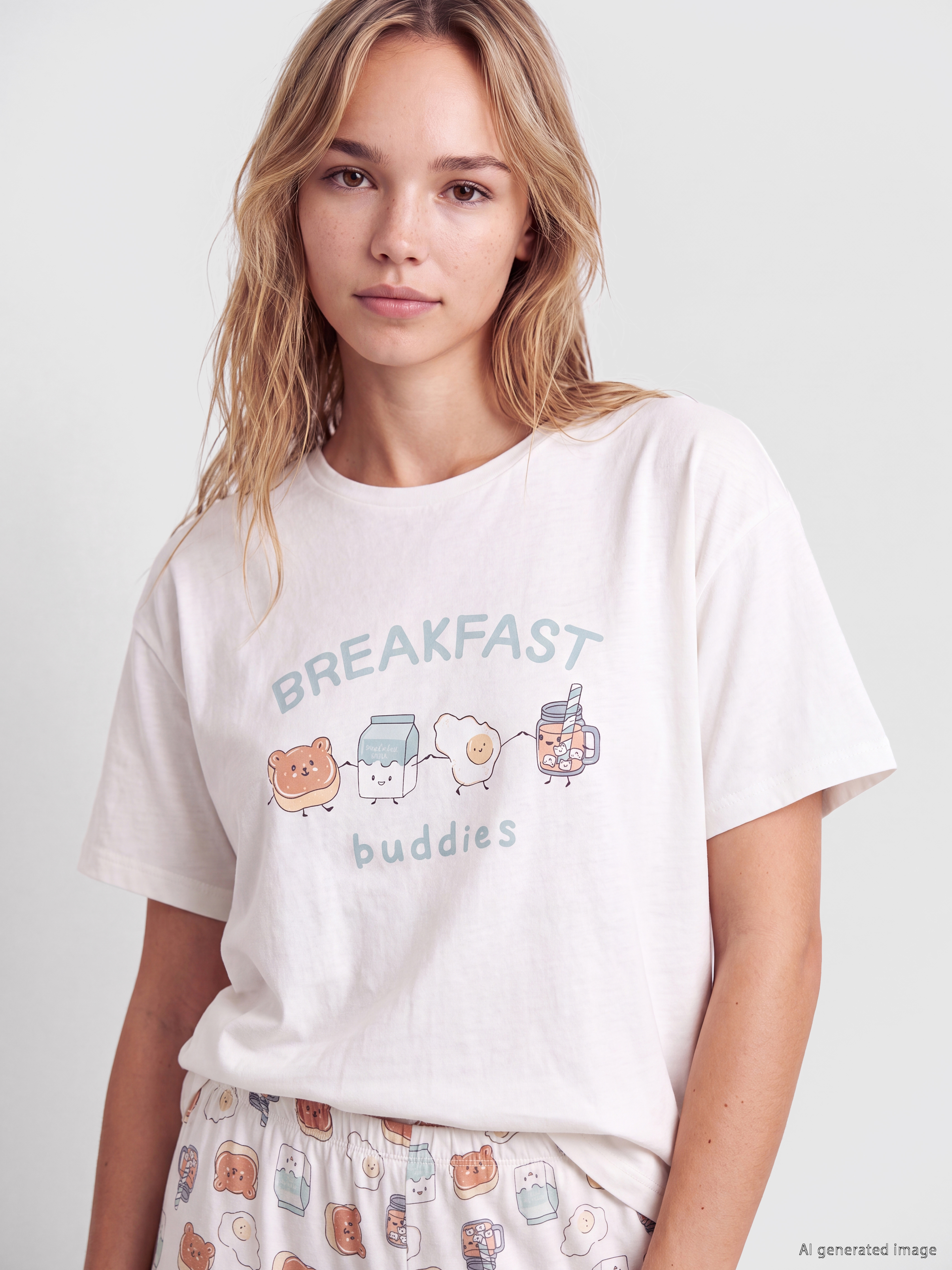 LCW Young Bisiklet Yaka Baskılı Kadın Kaprili Pijama Takımı görsel 2