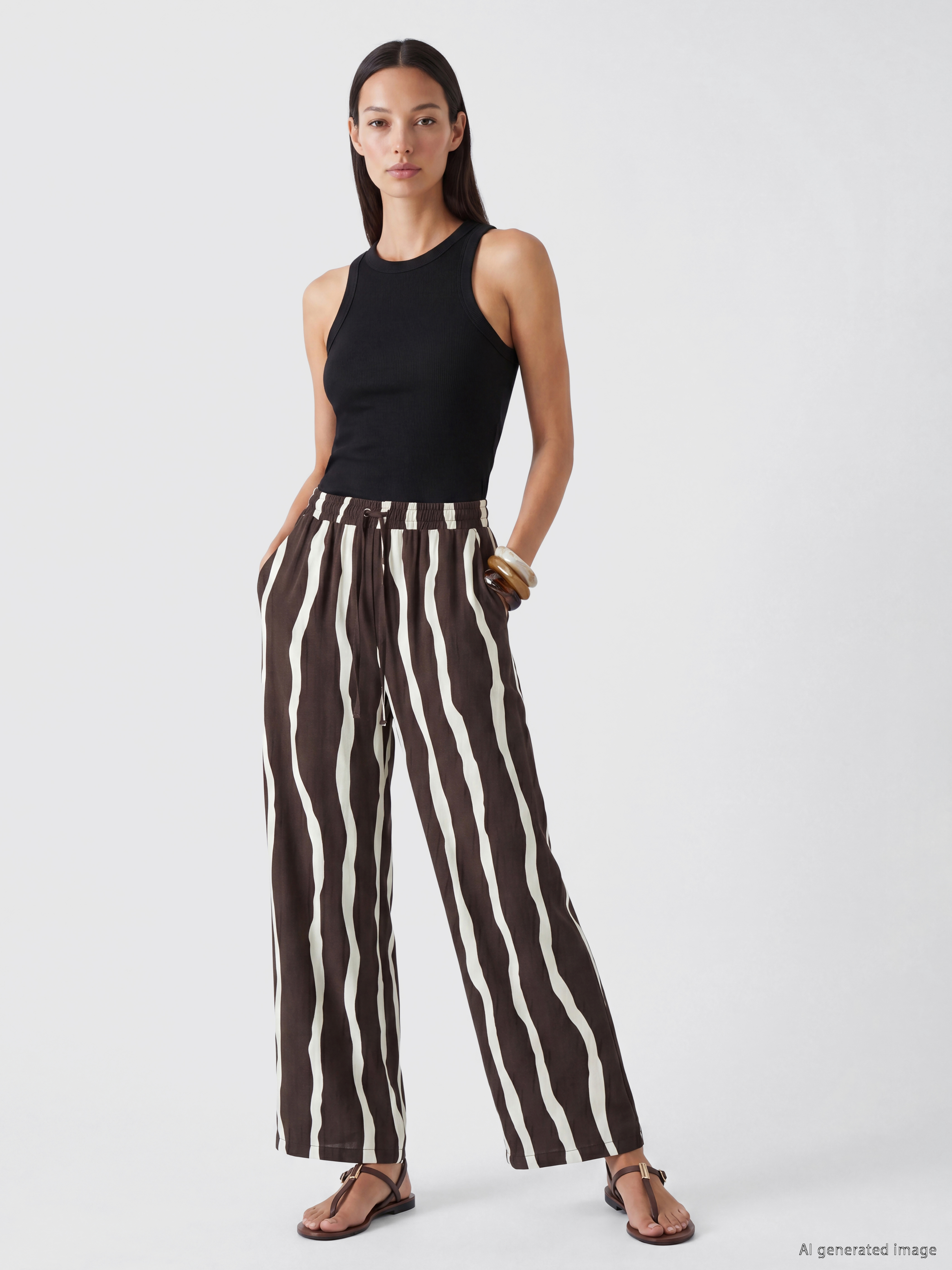 LCWAIKIKI Classic Beli Lastikli Çizgili Kadın Pantolon