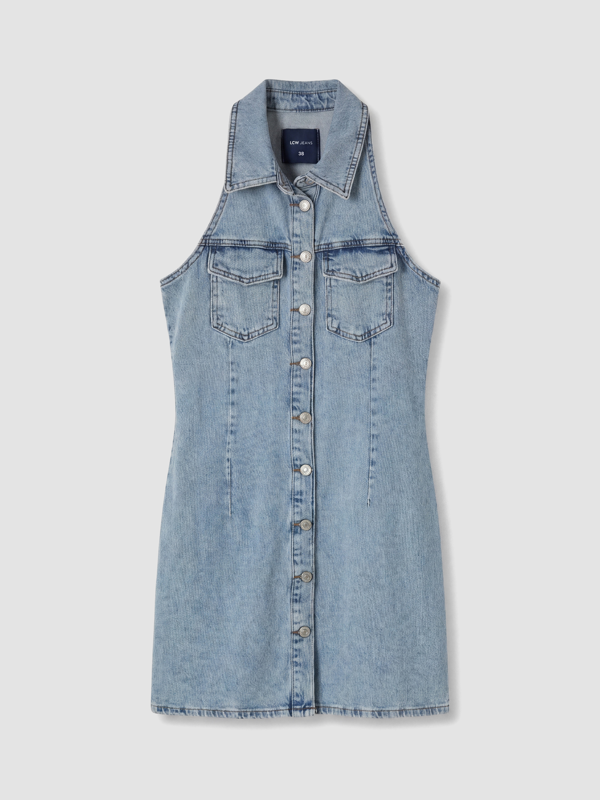 LCW Vision Gömlek Yaka Mini Jean Elbise görsel 4