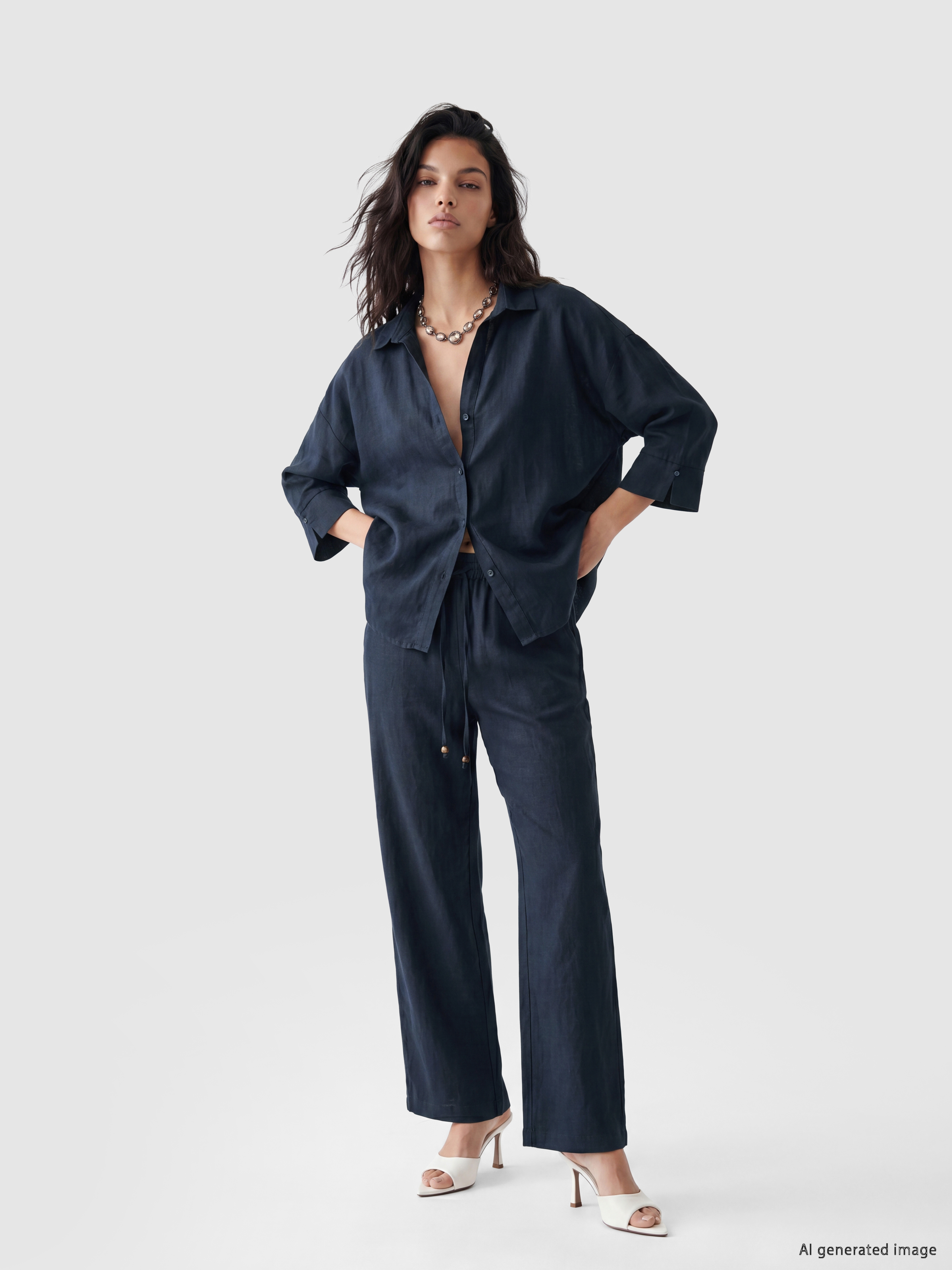 LCW Vision Oversize Kadın %100 Keten Gömlek görsel 2