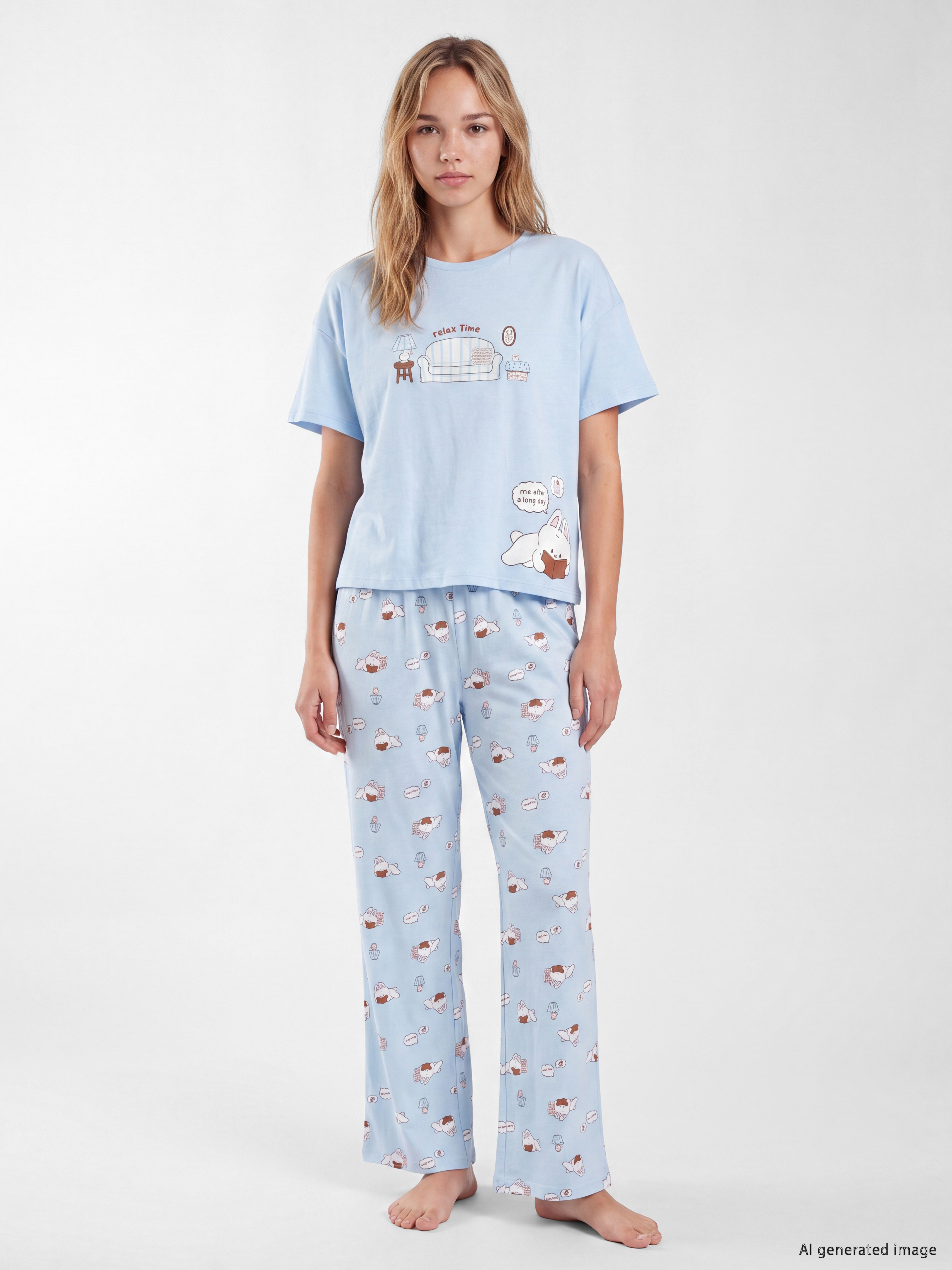 LCW Young Bisiklet Yaka Baskılı Kadın Pijama Takımı görsel 2