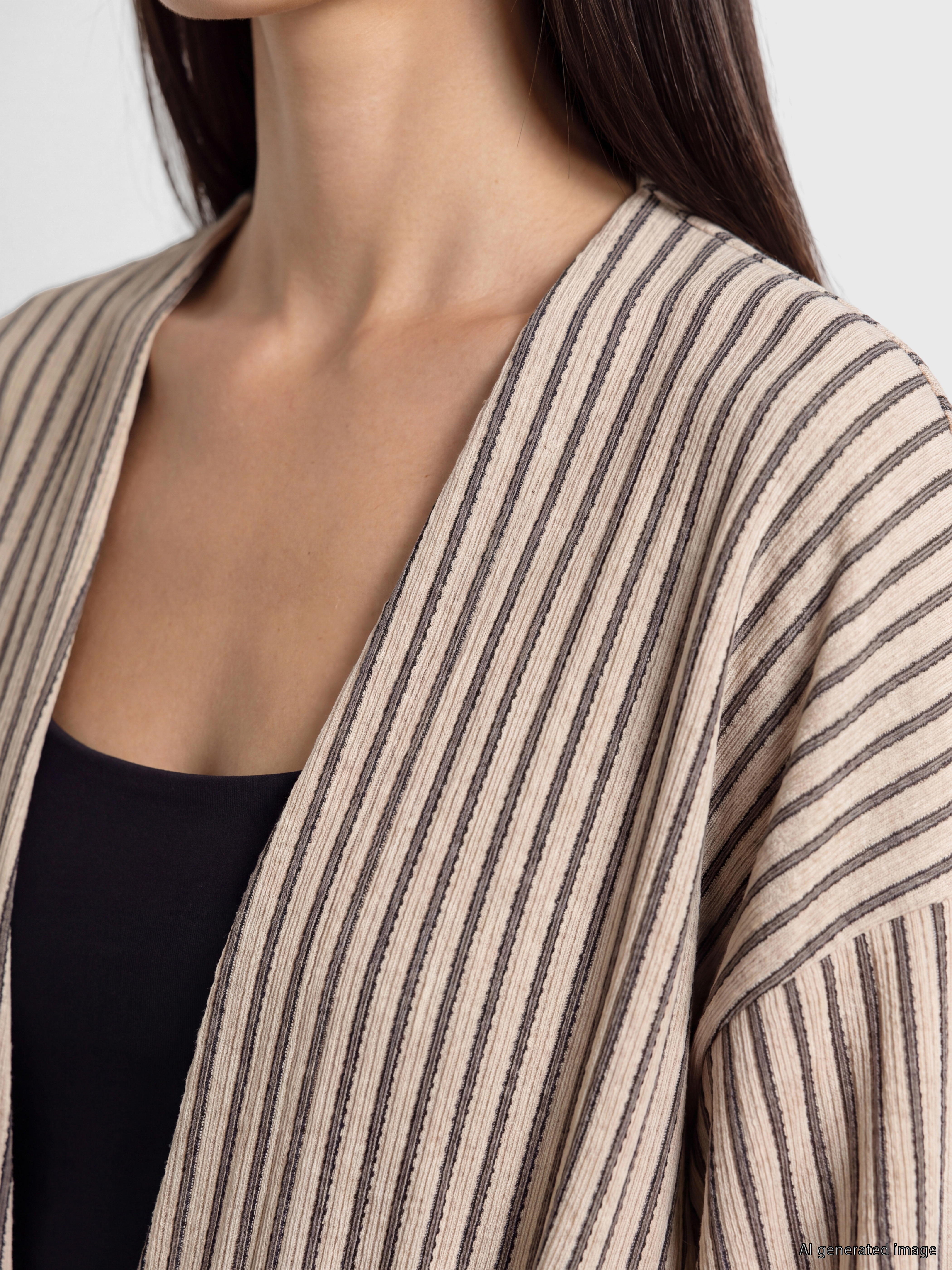 LCW EVERYDAY V Yaka Çizgili Oversize Kadın Hırka görsel 3